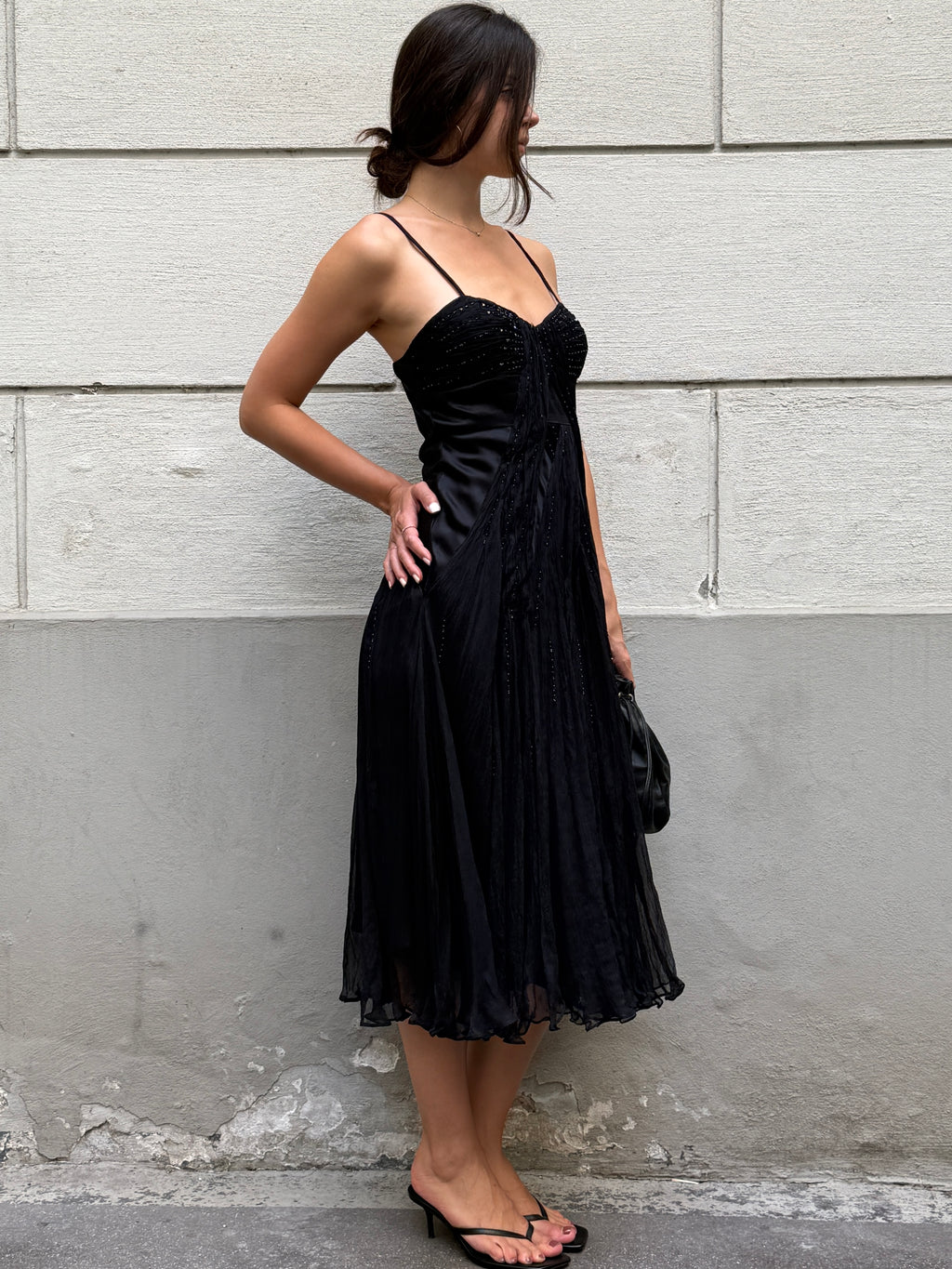 Vintage 100% Silk Black Sequin Bustier Midi Dress S