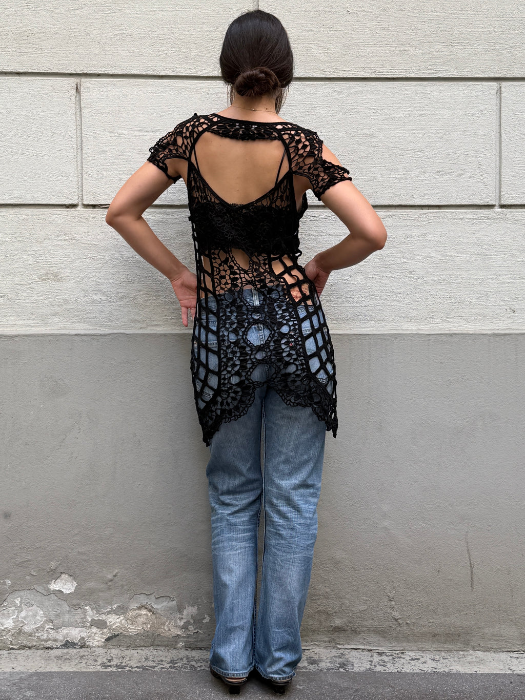 For Love & Lemons Black 100% Cotton Crochet Cover Up Dress