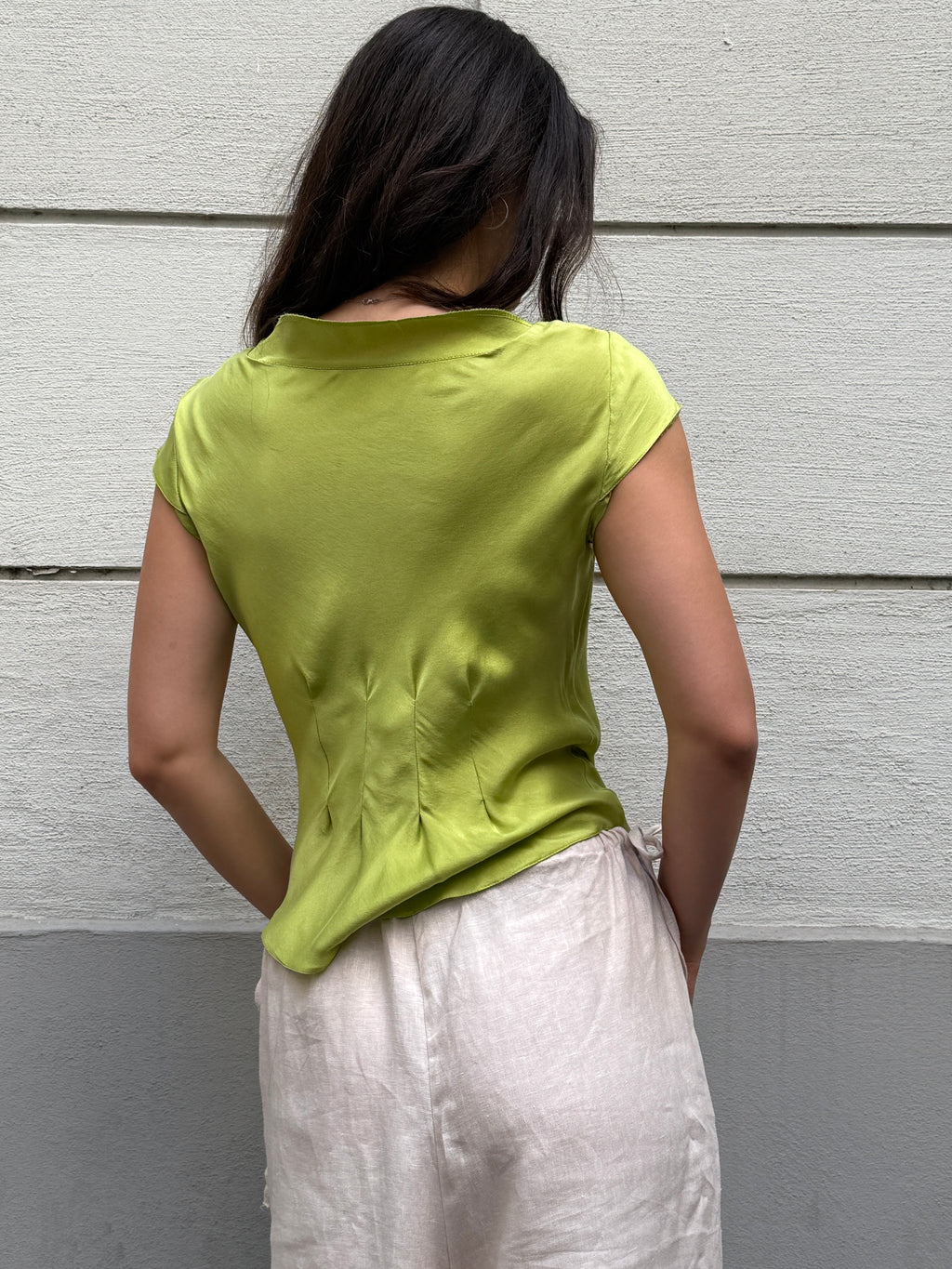 100% Silk Lime Green Tailor Made Cowl Neck Blouse S/M