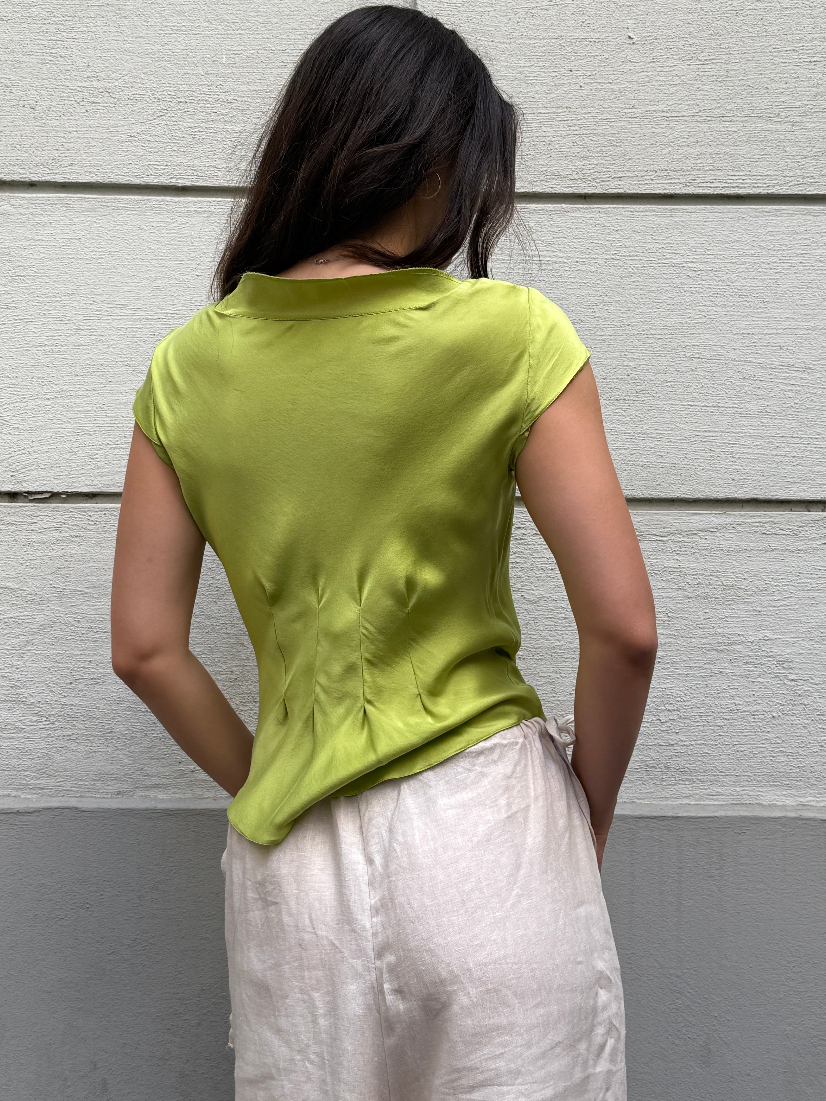 100% Silk Lime Green Tailor Made Cowl Neck Blouse S/M