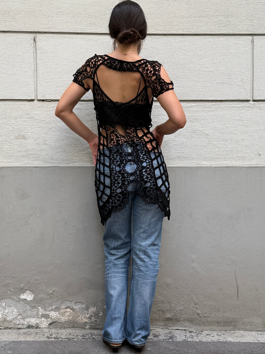 For Love & Lemons Black 100% Cotton Crochet Cover Up Dress