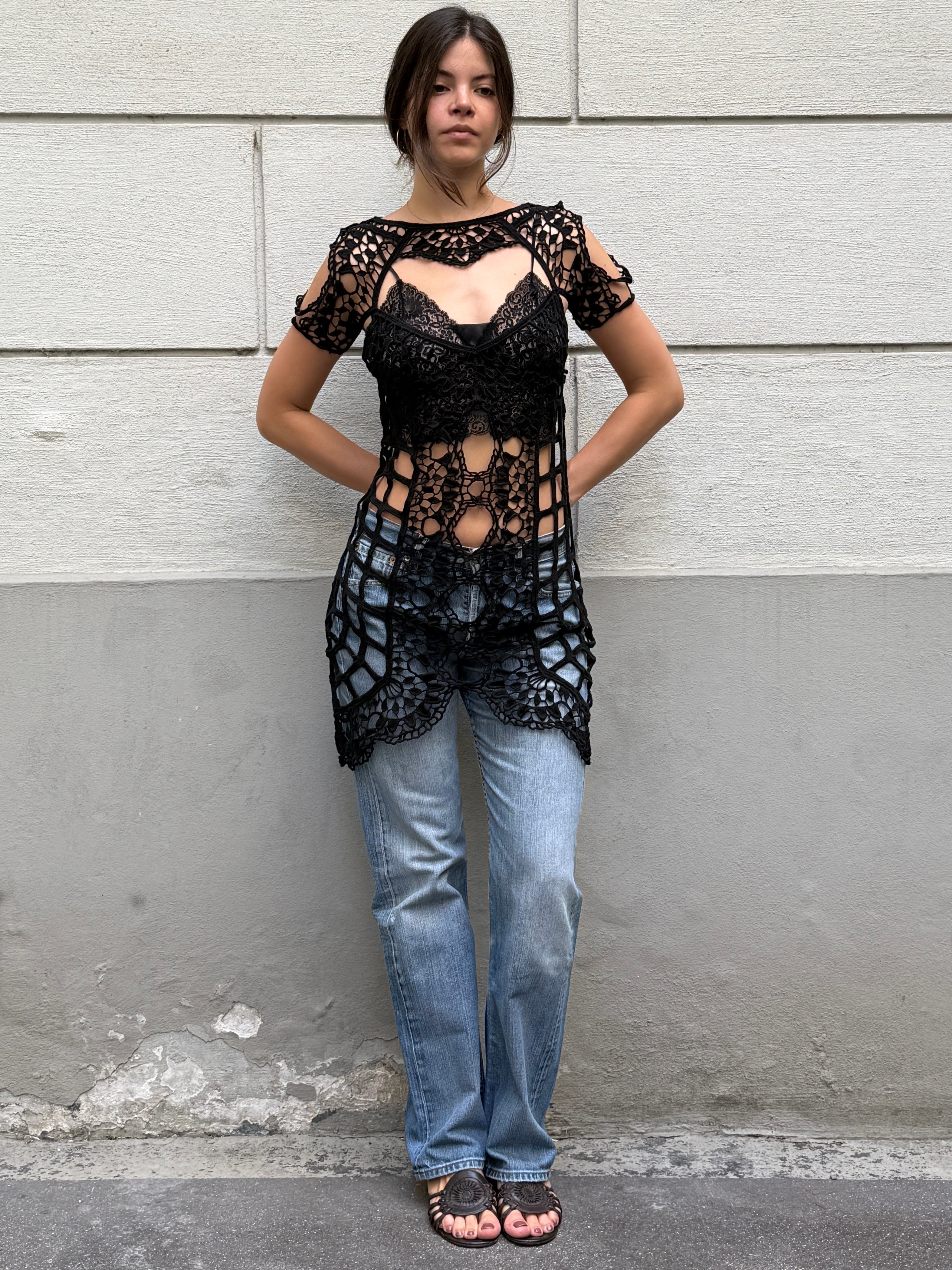 For Love & Lemons Black 100% Cotton Crochet Cover Up Dress