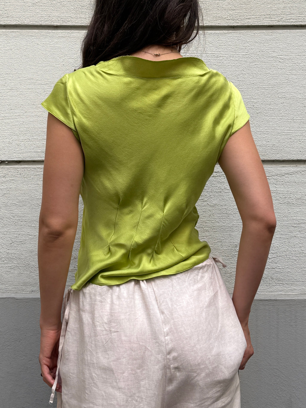 100% Silk Lime Green Tailor Made Cowl Neck Blouse S/M
