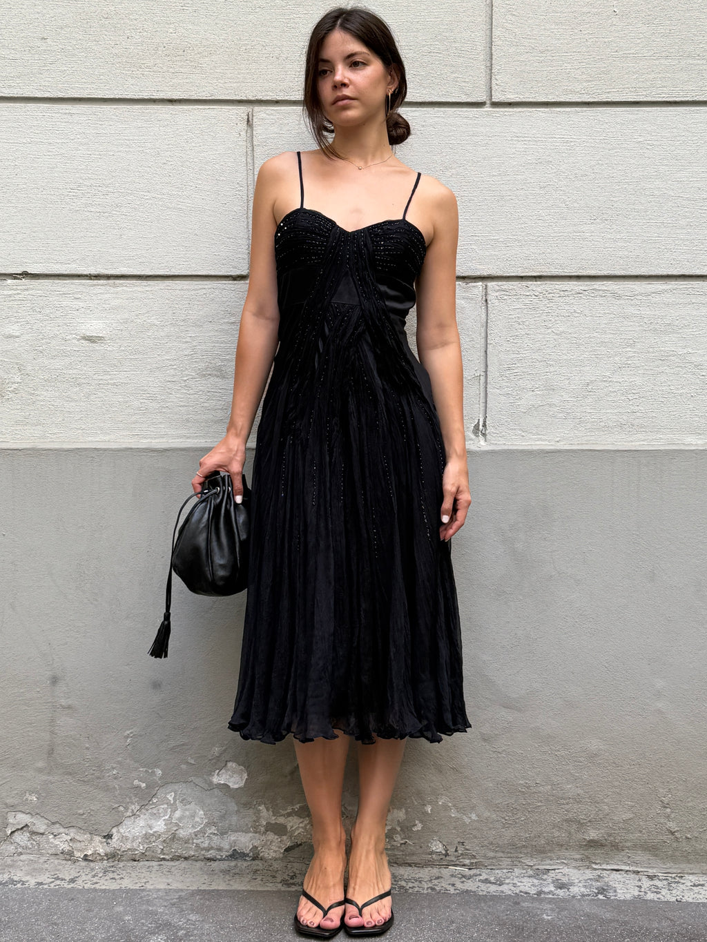 Vintage 100% Silk Black Sequin Bustier Midi Dress S