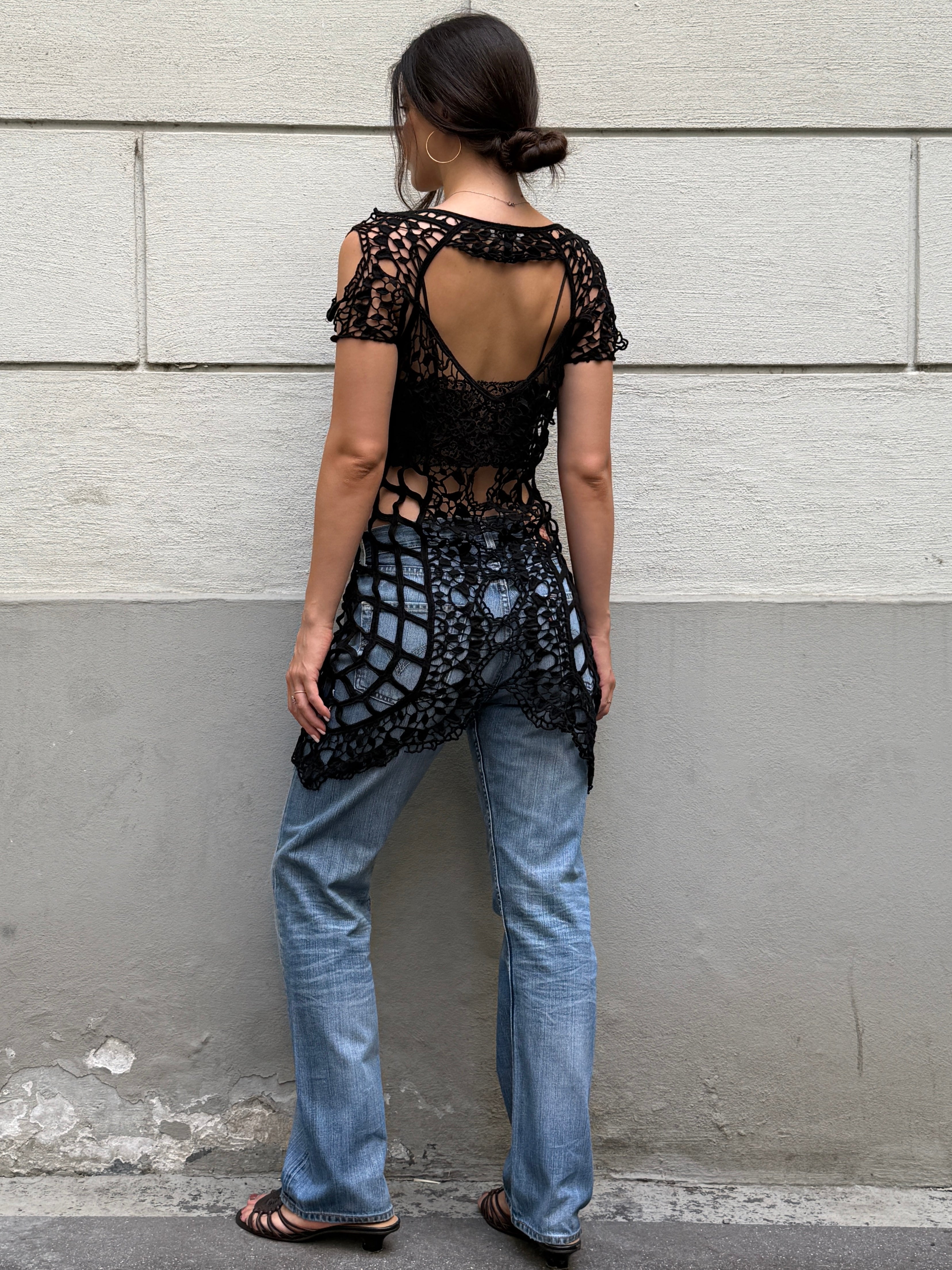 For Love & Lemons Black 100% Cotton Crochet Cover Up Dress