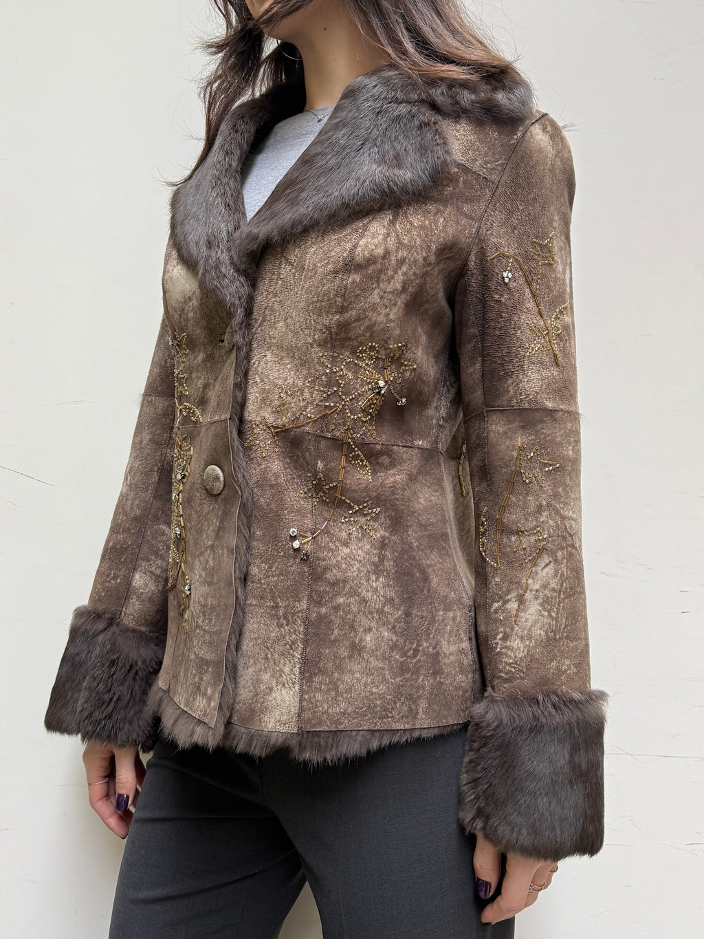 Vintage Rene Derhy 100% Genuine Brown Rabbit Fur & Sequin Jacket M
