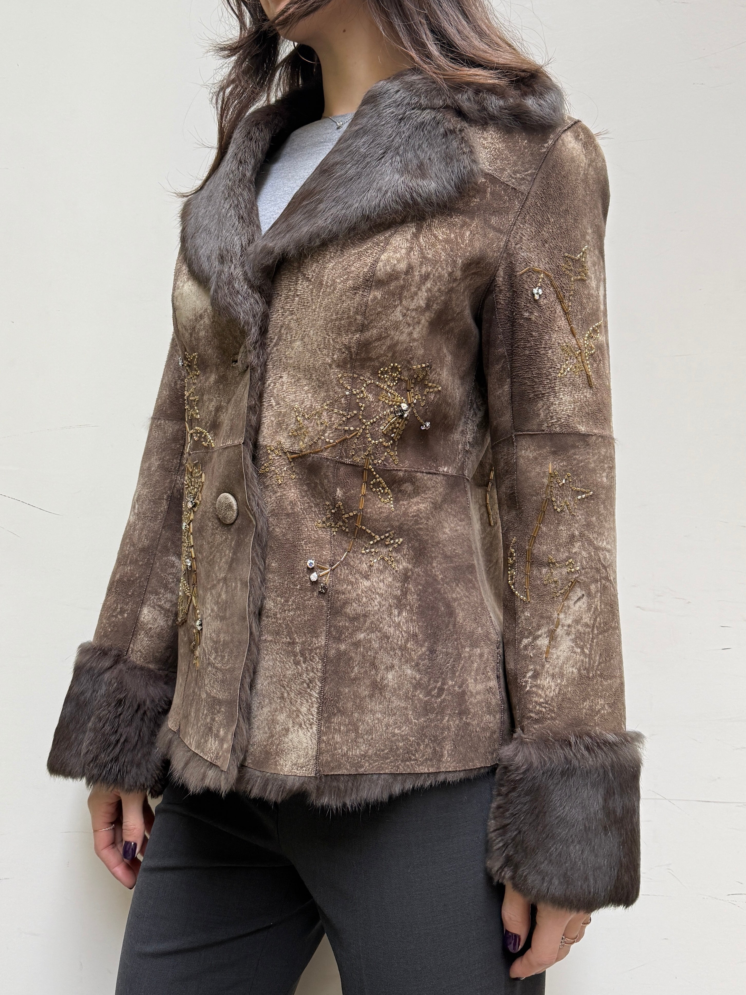 Vintage Rene Derhy 100% Genuine Brown Rabbit Fur & Sequin Jacket M