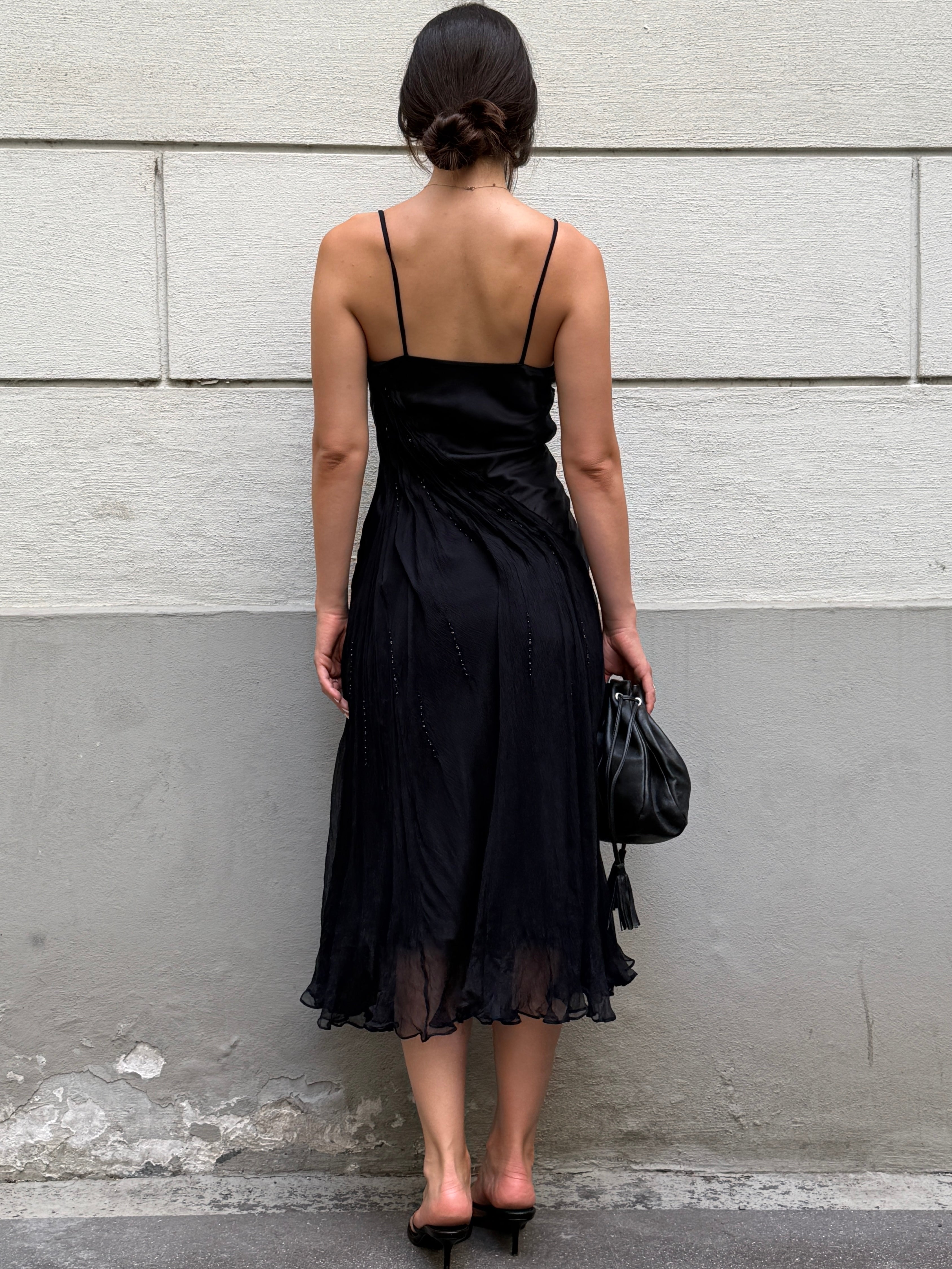 Vintage 100% Silk Black Sequin Bustier Midi Dress S
