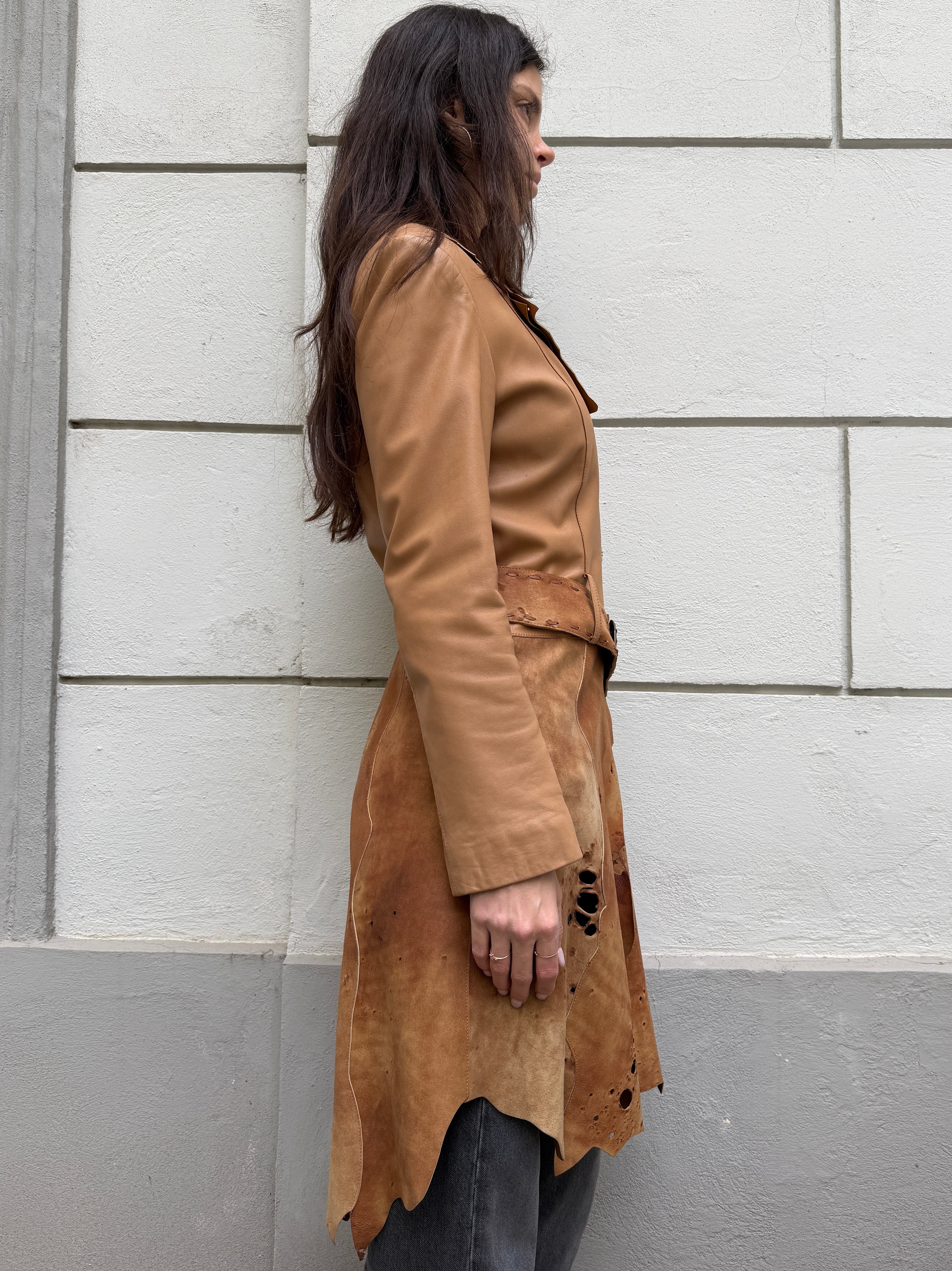 Vintage Distressed 100% Genuine Leather Belted Coat Jacket M