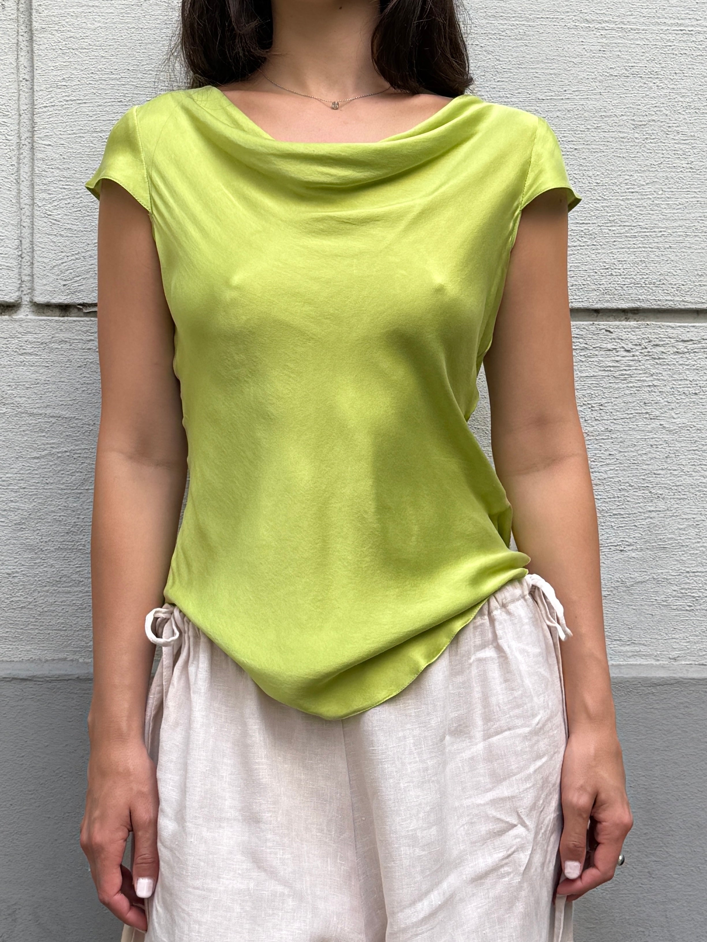 100% Silk Lime Green Tailor Made Cowl Neck Blouse S/M