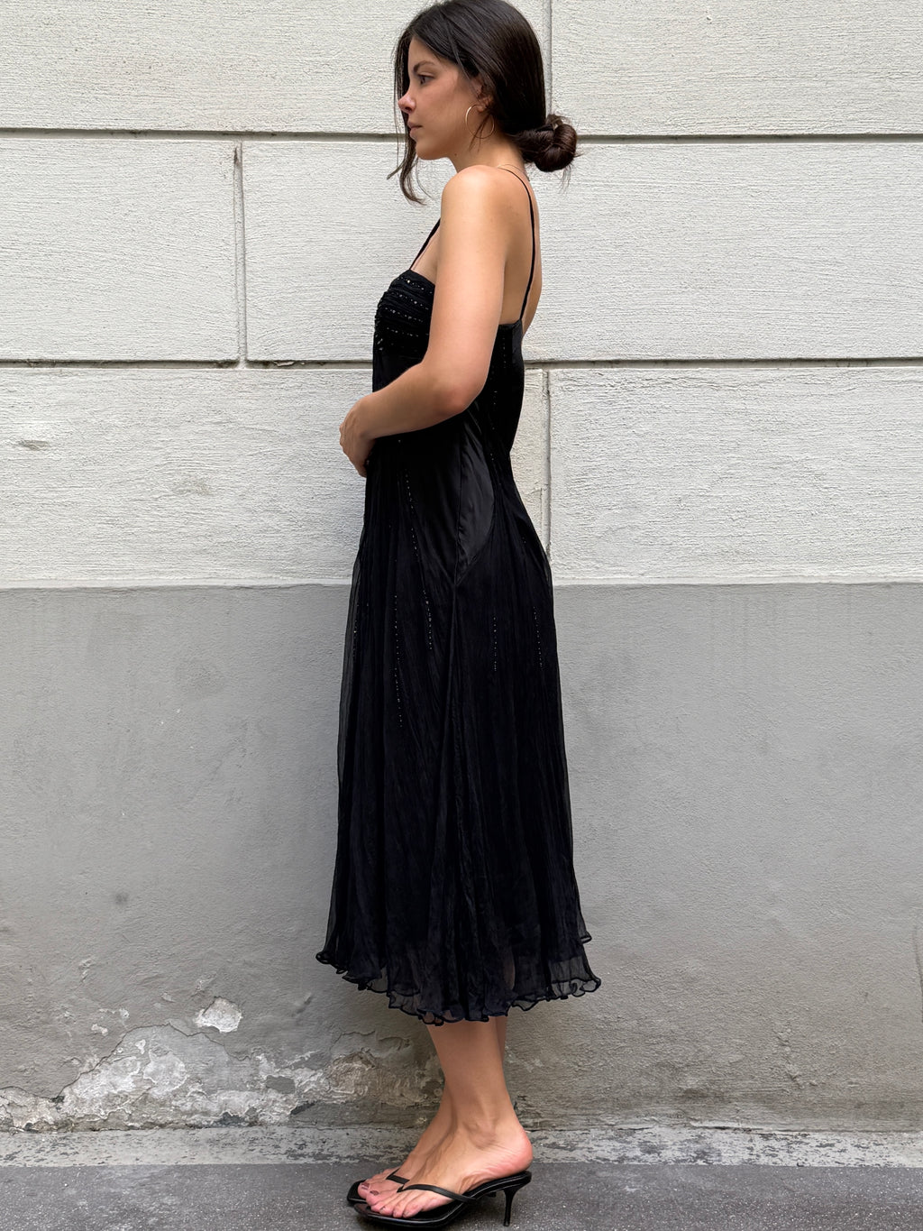 Vintage 100% Silk Black Sequin Bustier Midi Dress S