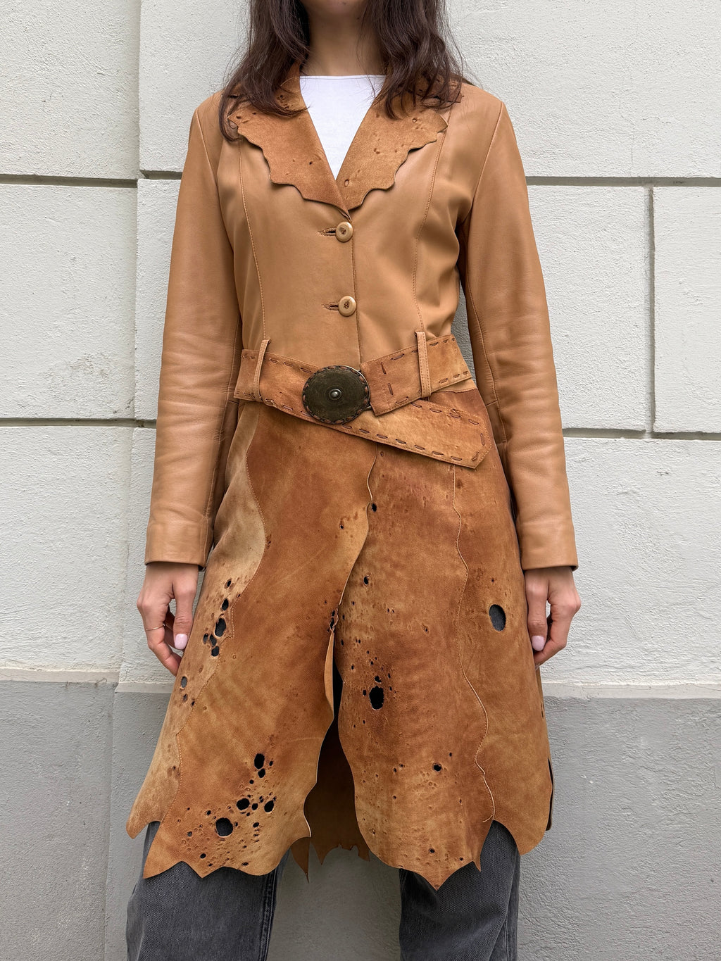Vintage Distressed 100% Genuine Leather Belted Coat Jacket M