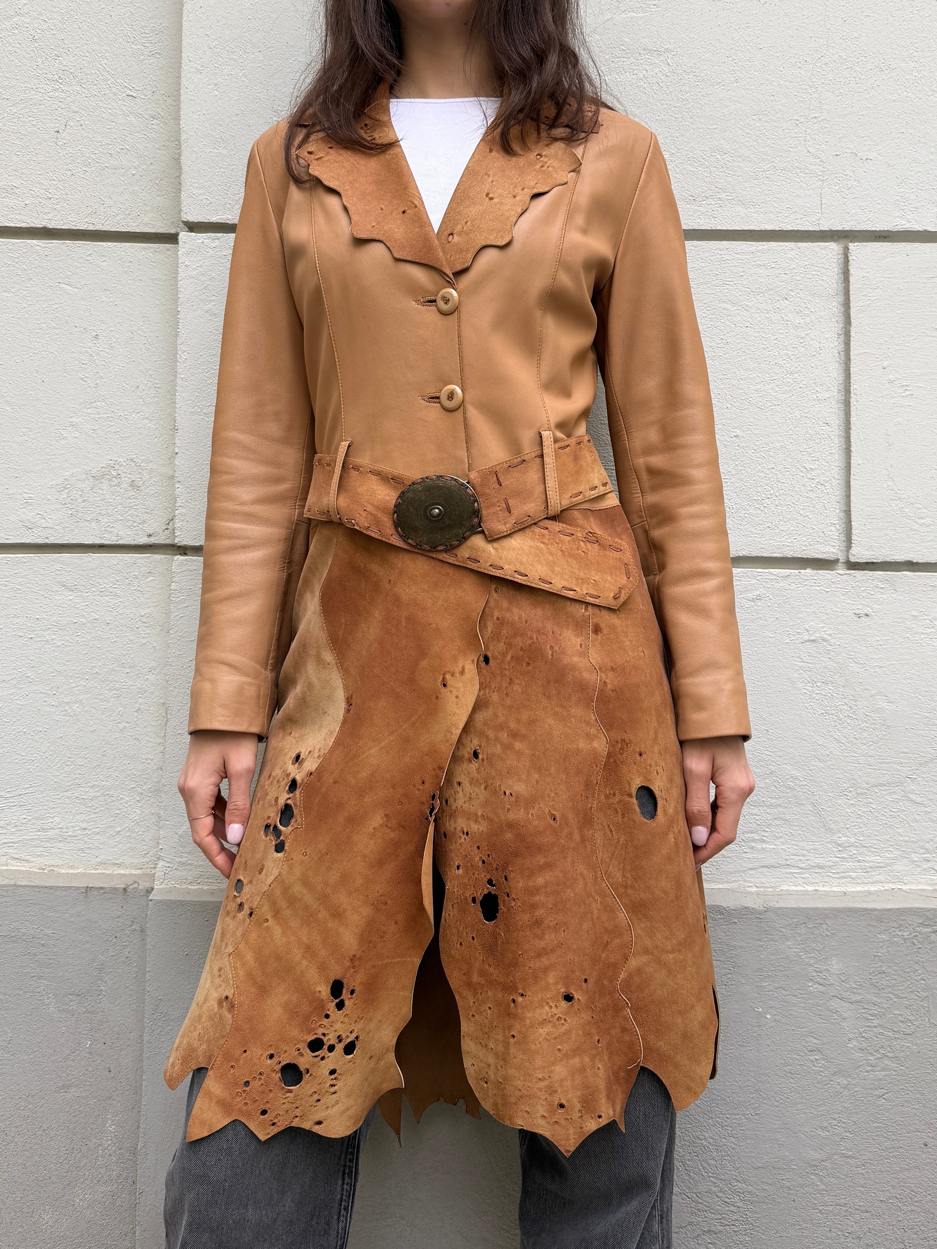 Vintage Distressed 100% Genuine Leather Belted Coat Jacket M
