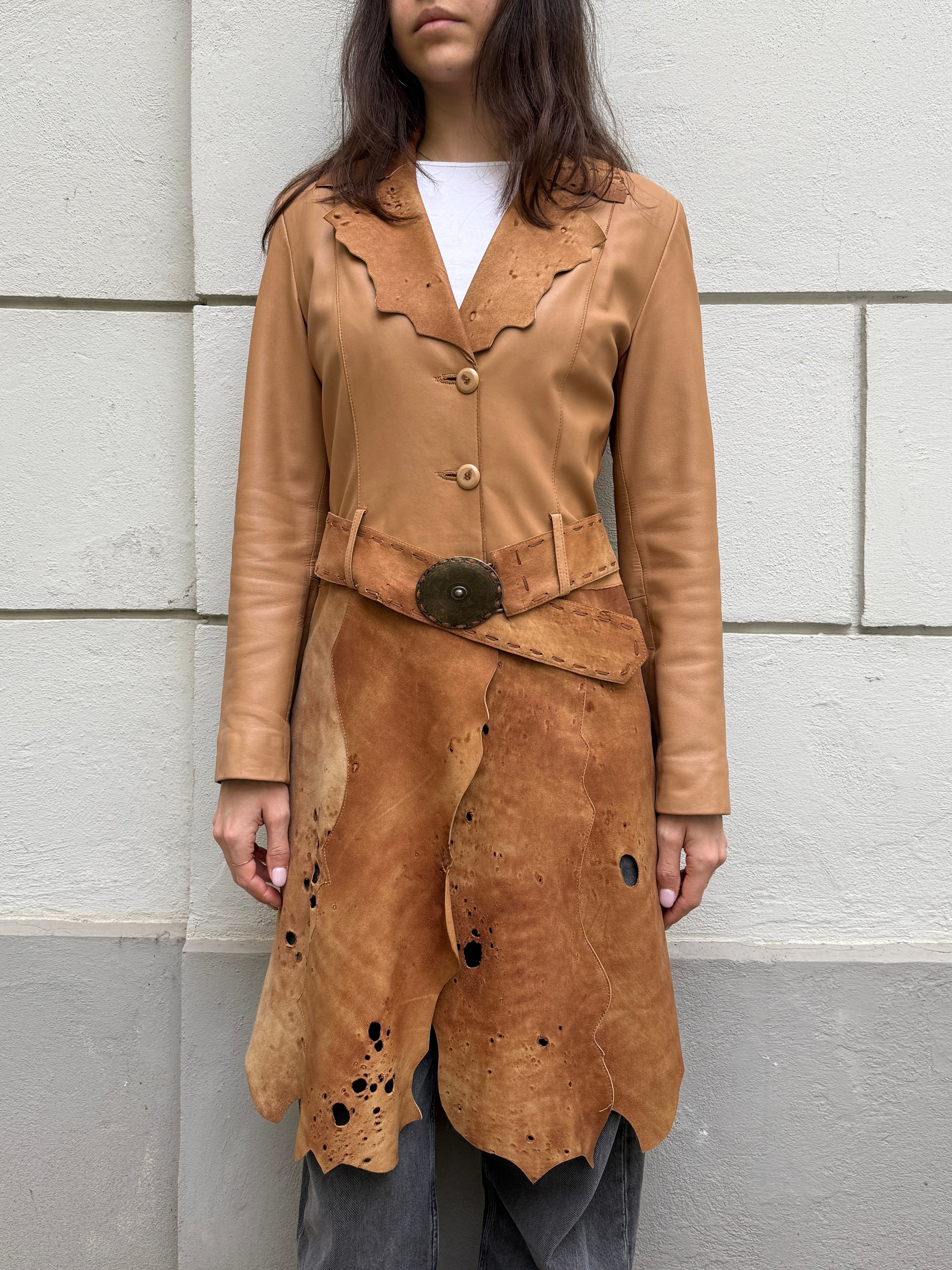 Vintage Distressed 100% Genuine Leather Belted Coat Jacket M