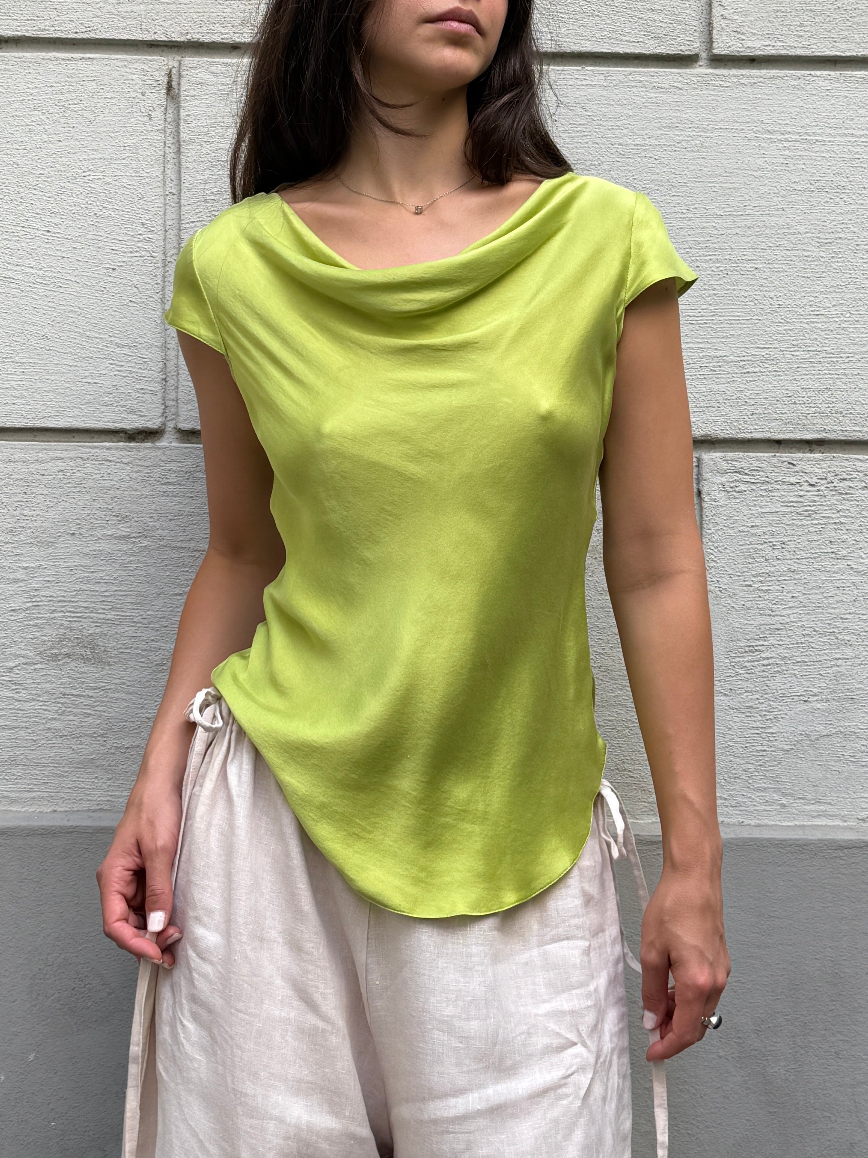 100% Silk Lime Green Tailor Made Cowl Neck Blouse S/M