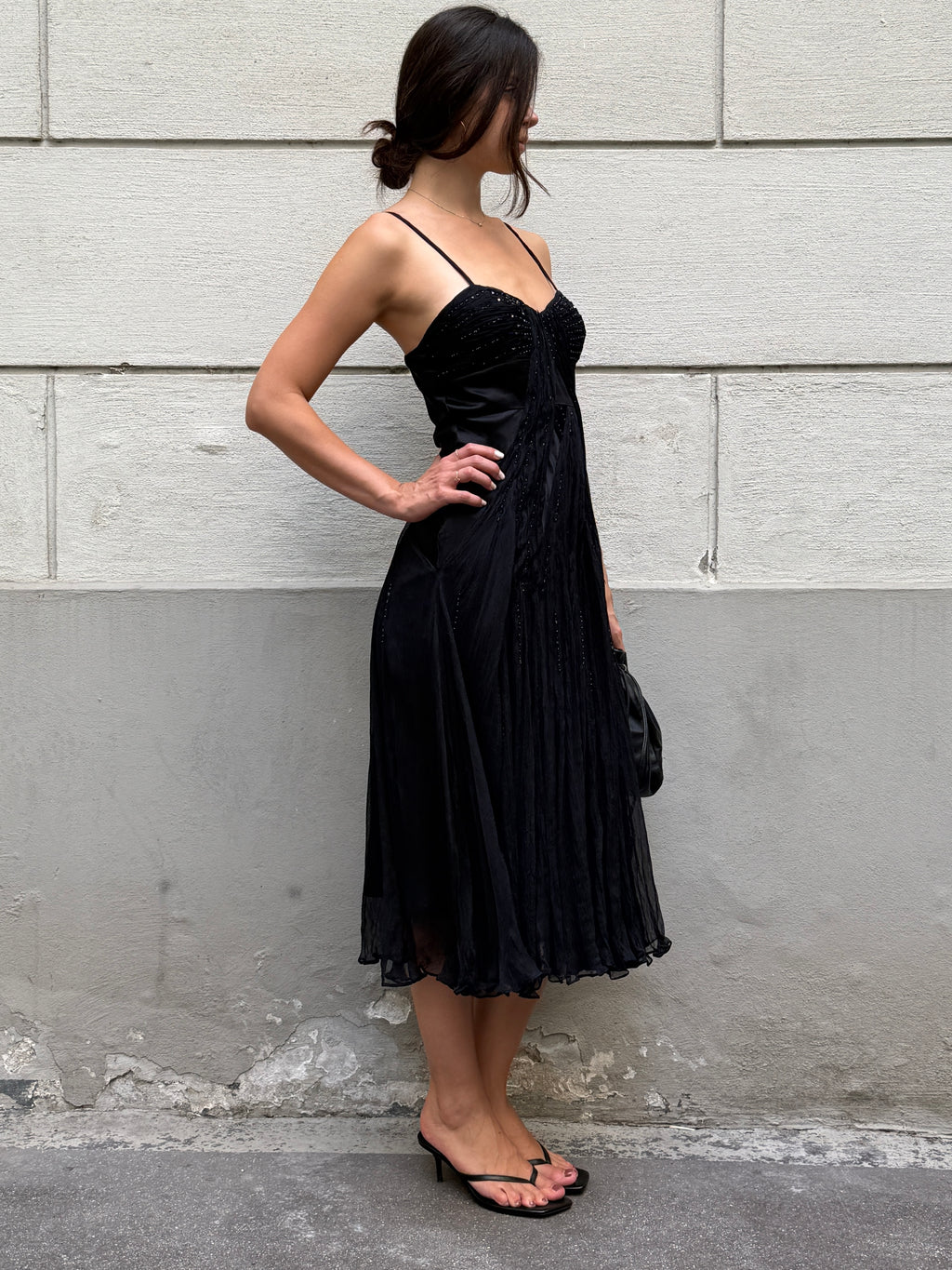Vintage 100% Silk Black Sequin Bustier Midi Dress S