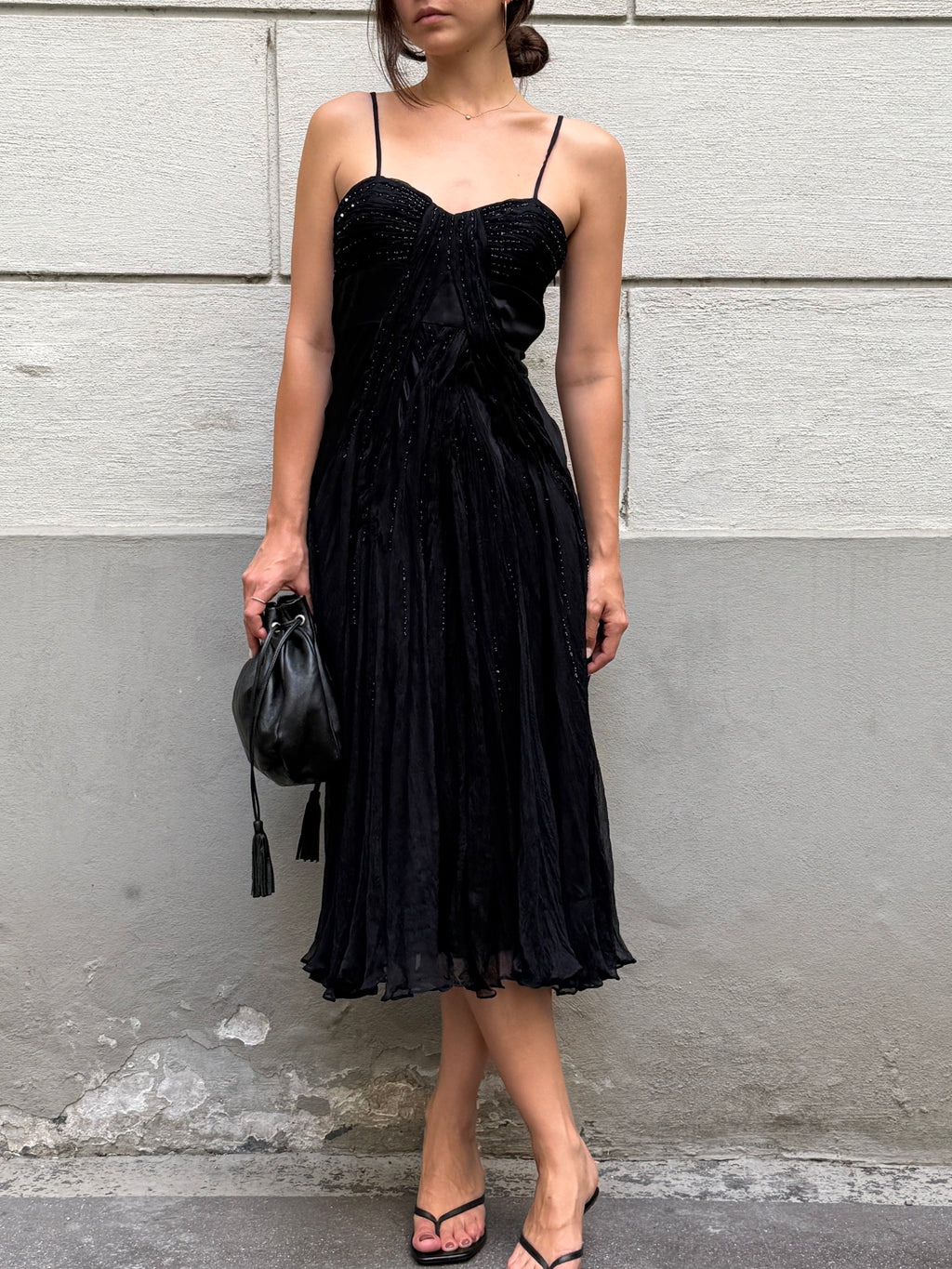 Vintage 100% Silk Black Sequin Bustier Midi Dress S
