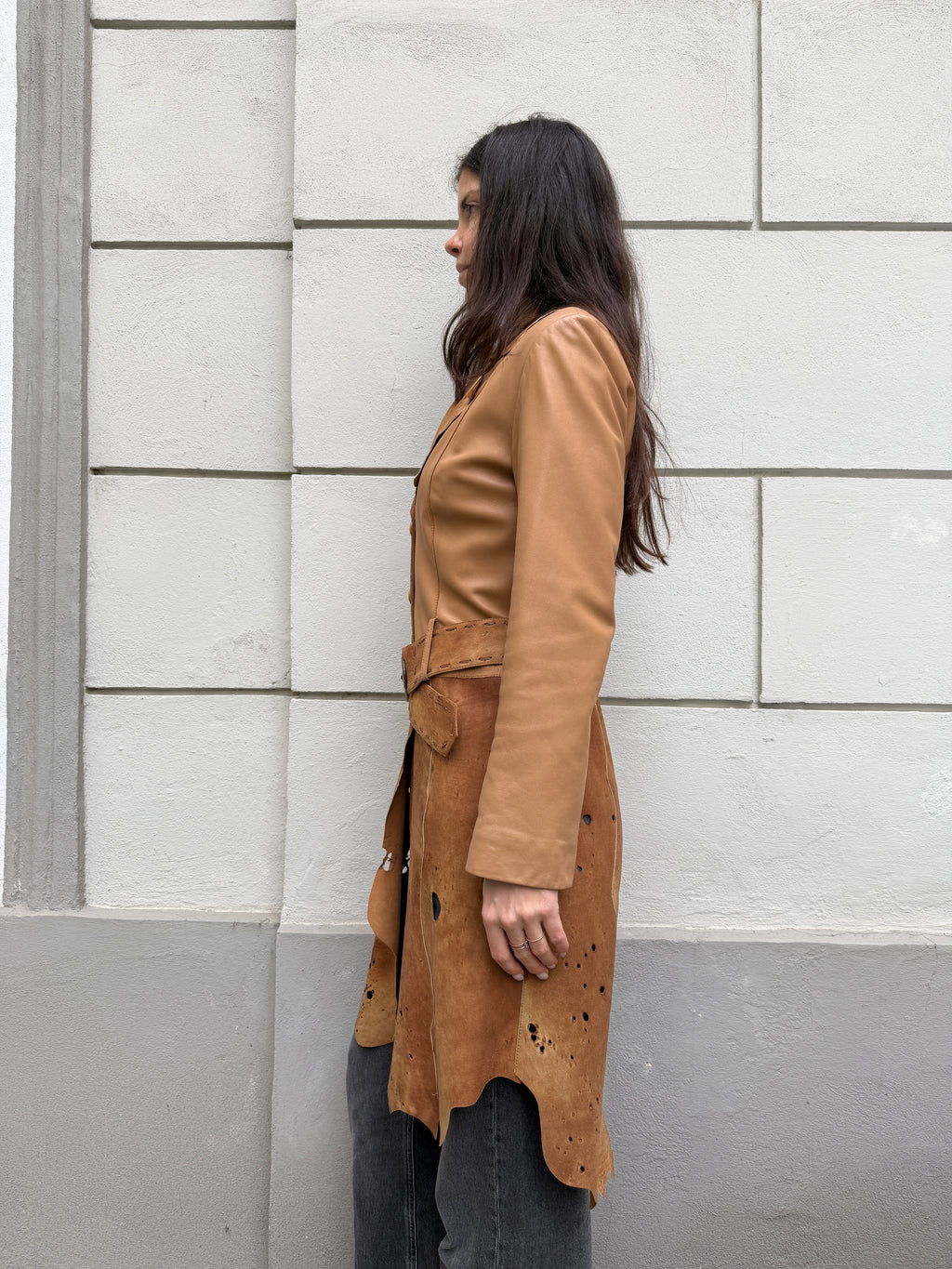 Vintage Distressed 100% Genuine Leather Belted Coat Jacket M