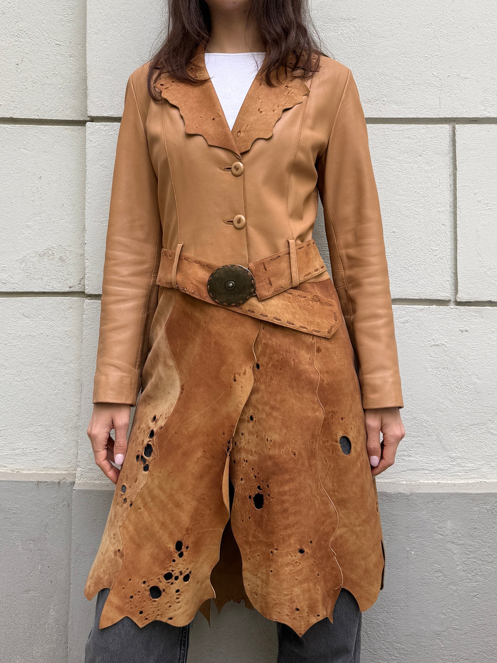 Vintage Distressed 100% Genuine Leather Belted Coat Jacket M
