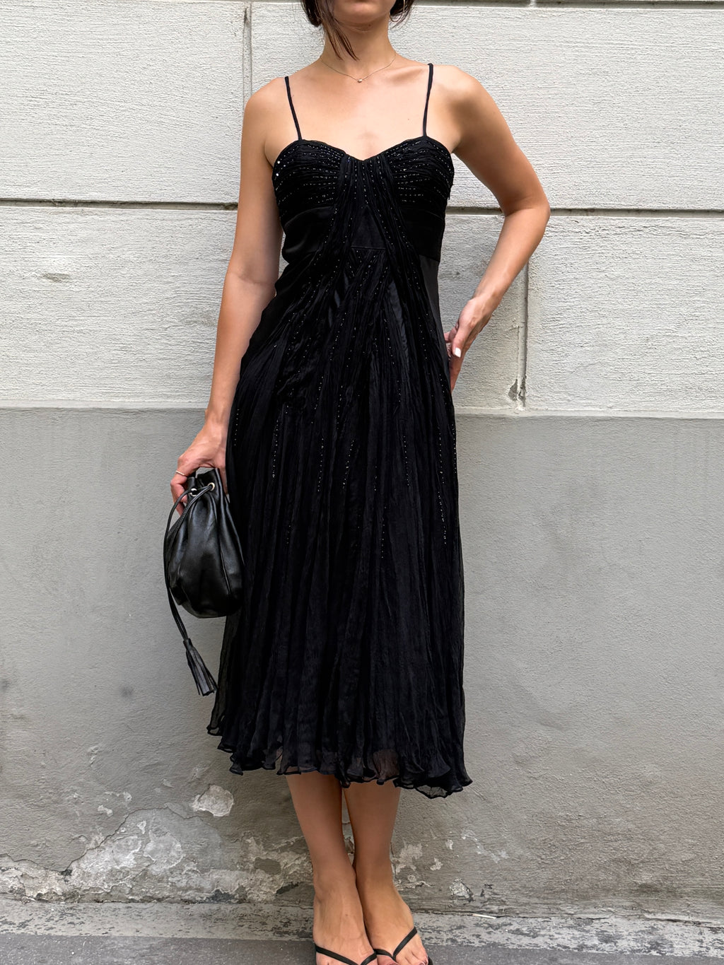 Vintage 100% Silk Black Sequin Bustier Midi Dress S