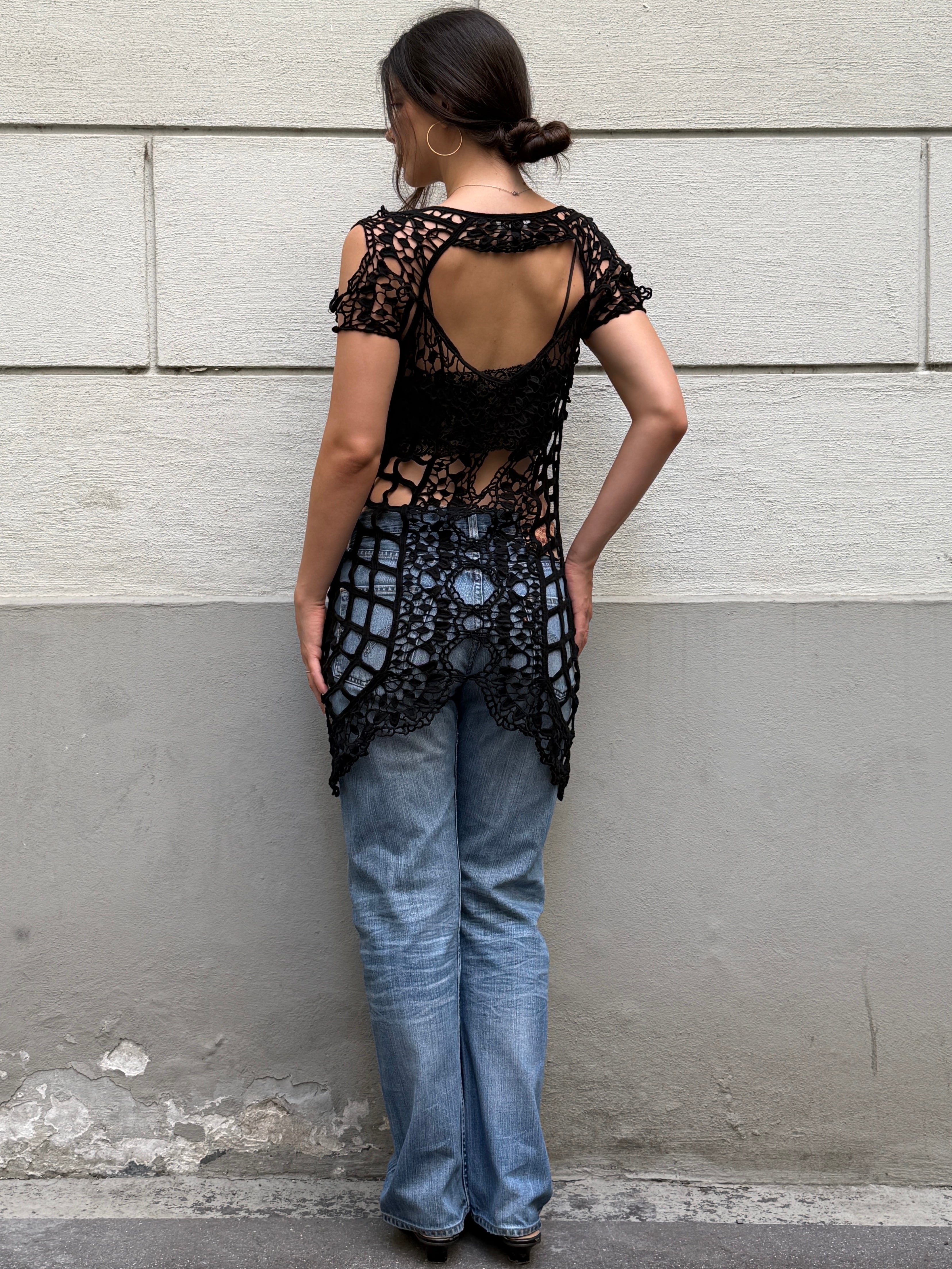 For Love & Lemons Black 100% Cotton Crochet Cover Up Dress