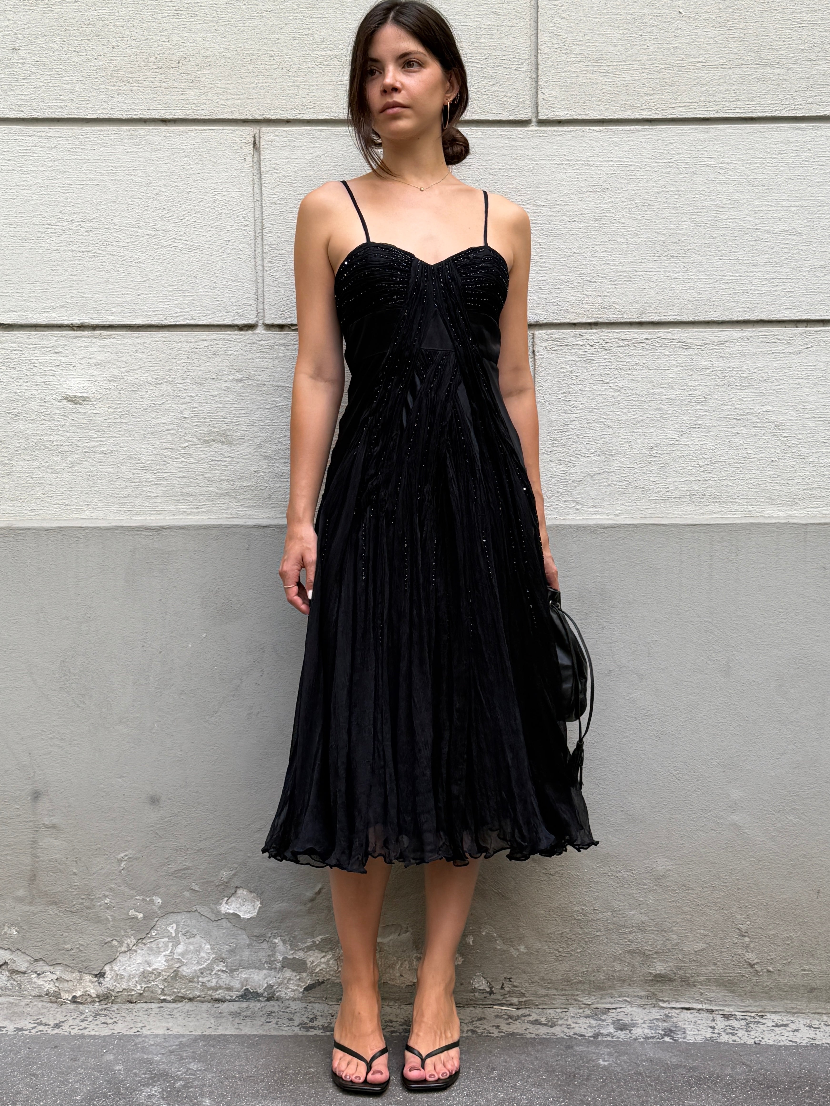 Vintage 100% Silk Black Sequin Bustier Midi Dress S