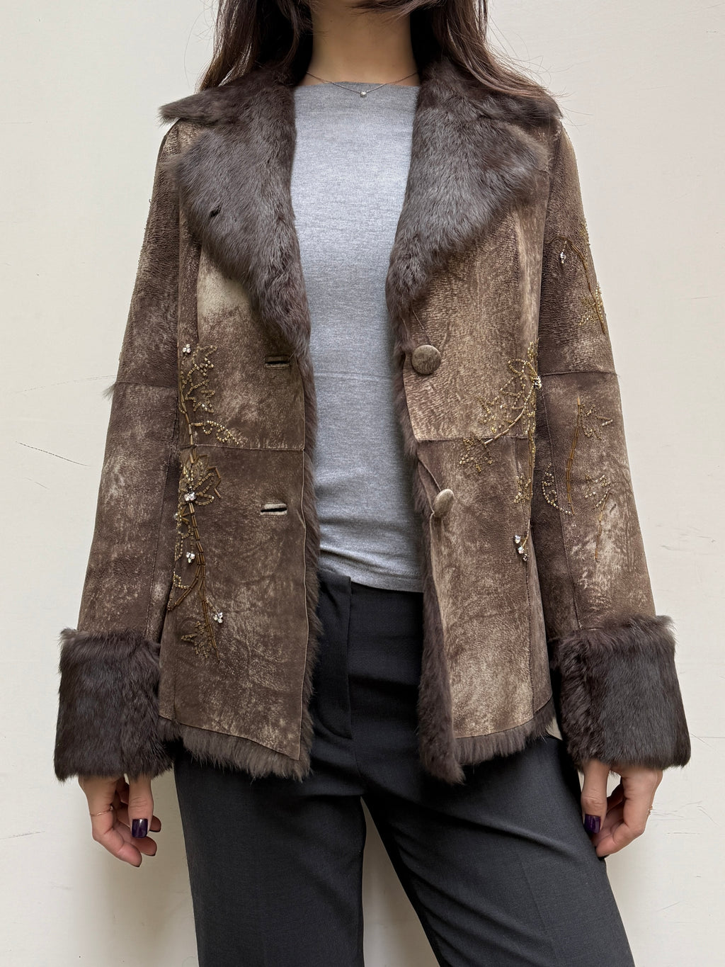 Vintage Rene Derhy 100% Genuine Brown Rabbit Fur & Sequin Jacket M