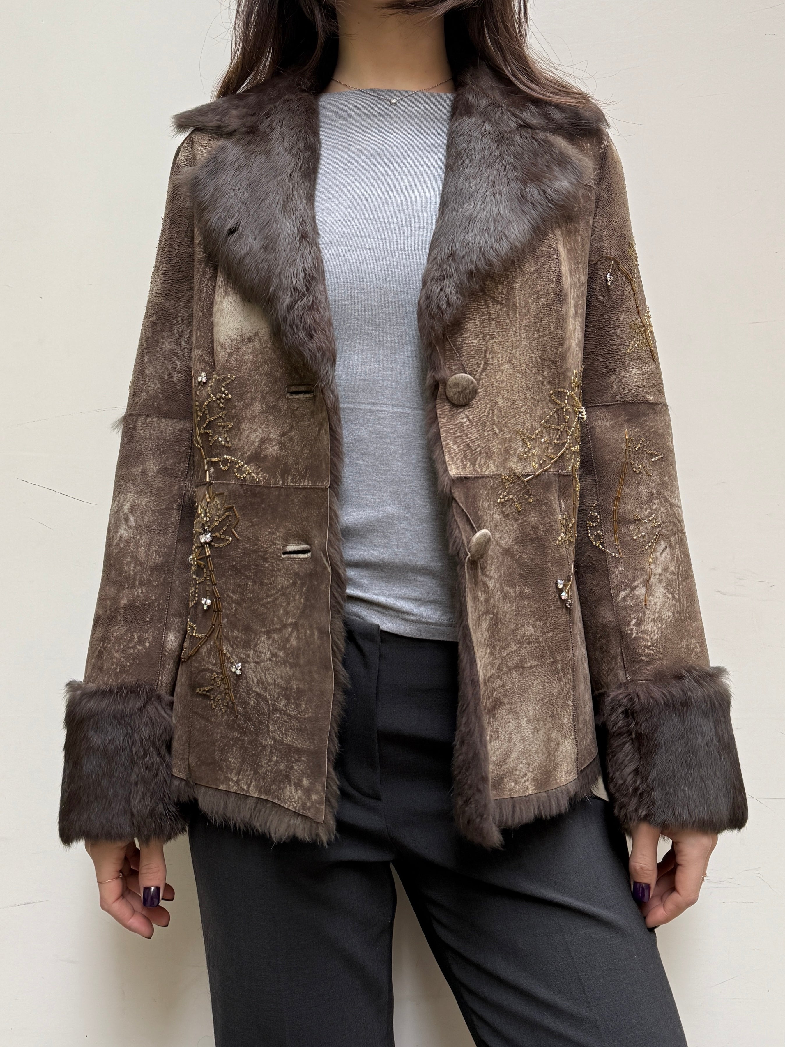 Vintage Rene Derhy 100% Genuine Brown Rabbit Fur & Sequin Jacket M