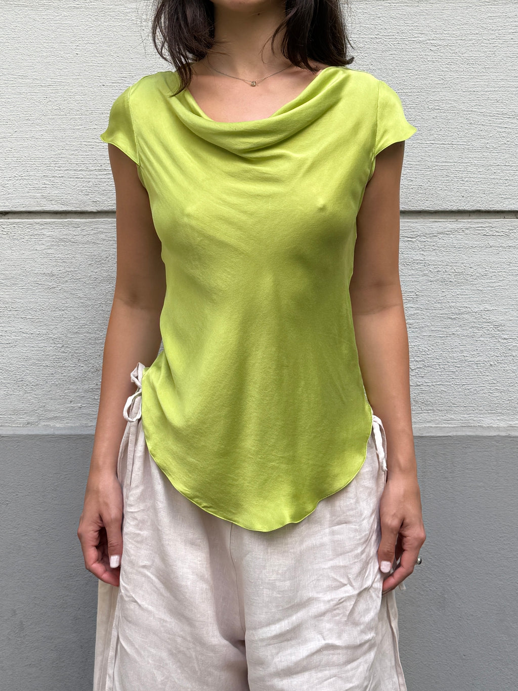 100% Silk Lime Green Tailor Made Cowl Neck Blouse S/M