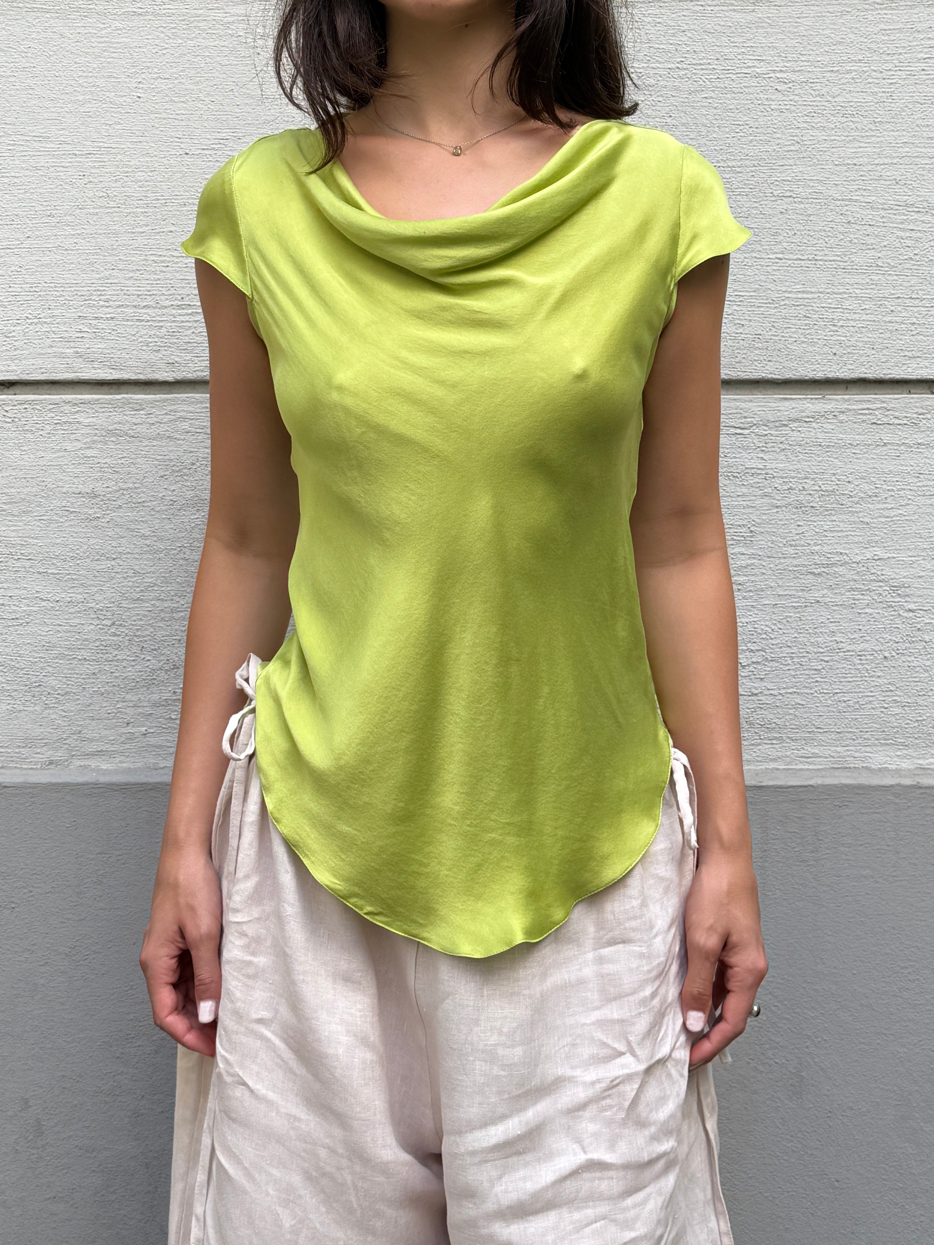 100% Silk Lime Green Tailor Made Cowl Neck Blouse S/M