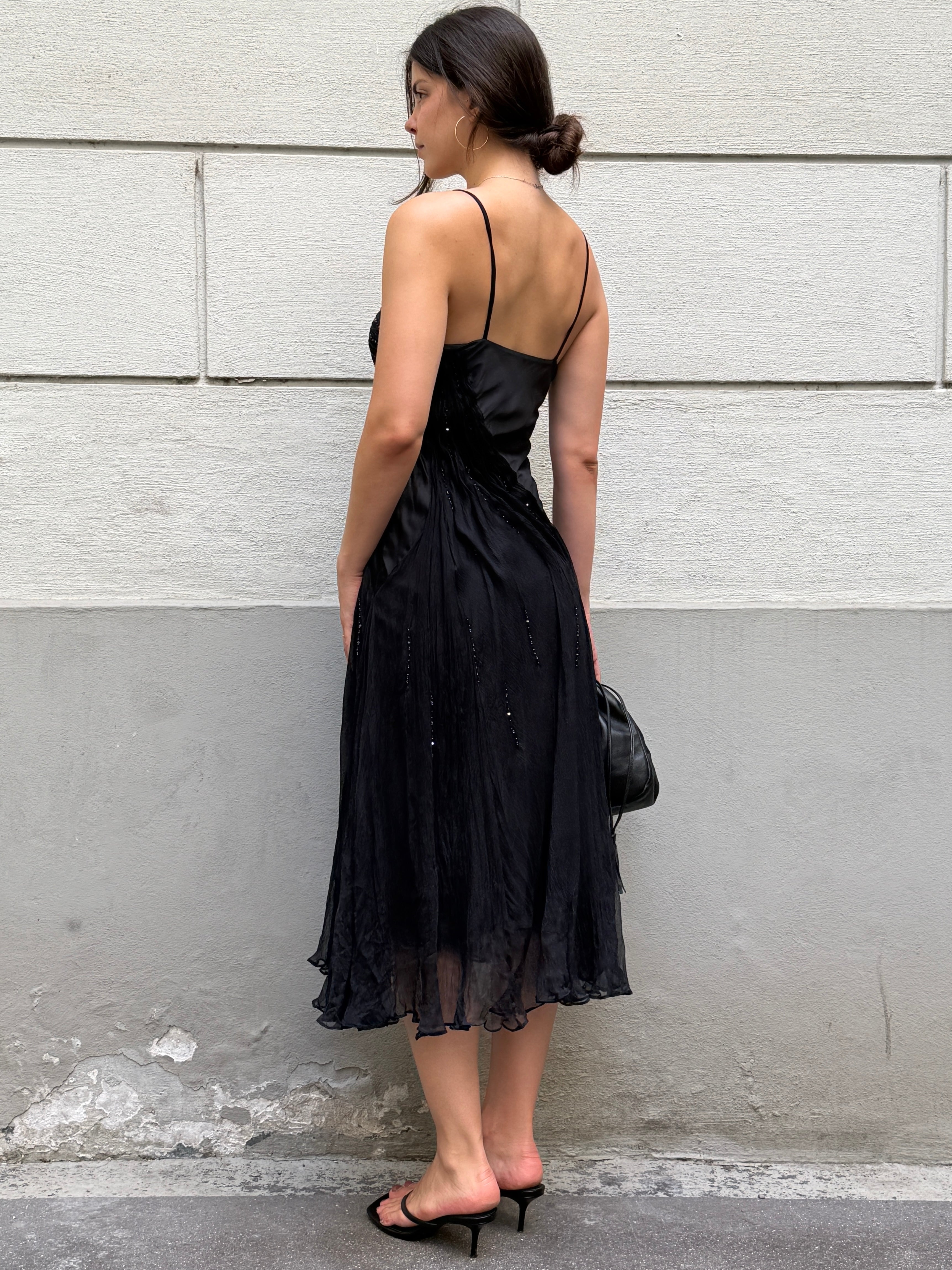 Vintage 100% Silk Black Sequin Bustier Midi Dress S