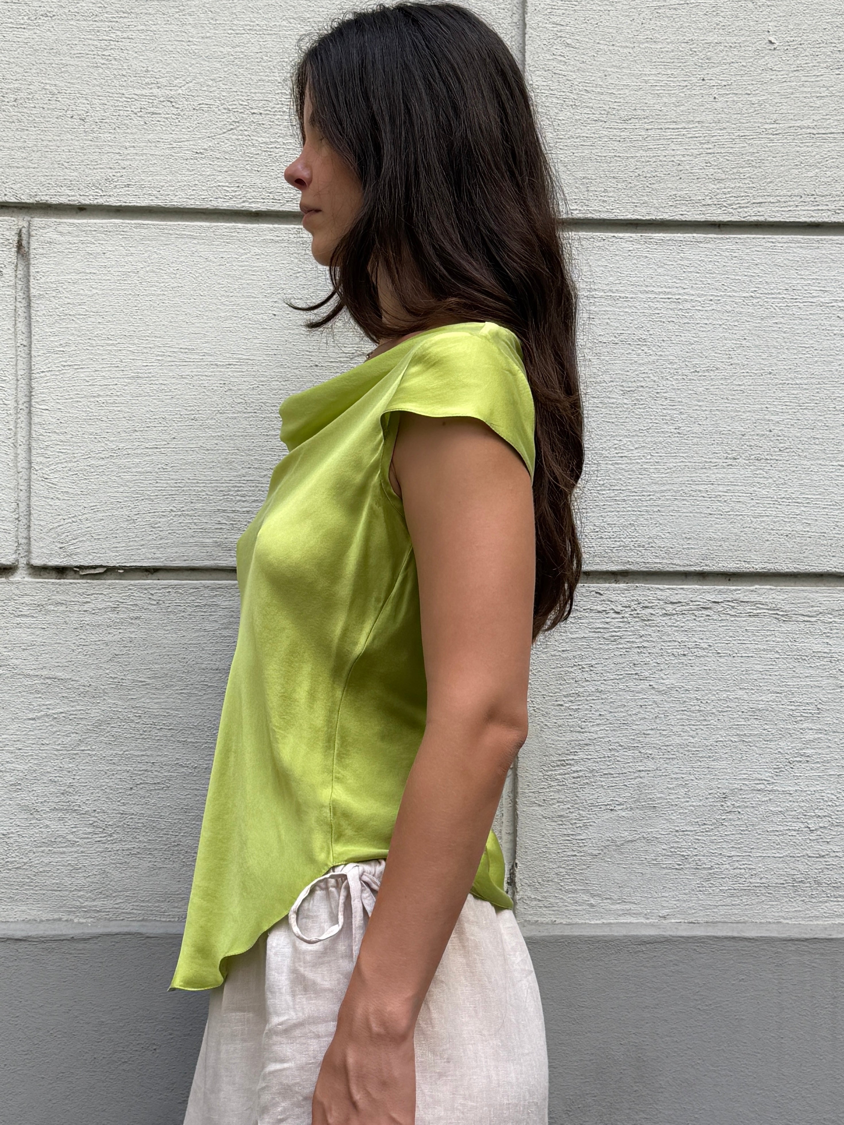 100% Silk Lime Green Tailor Made Cowl Neck Blouse S/M