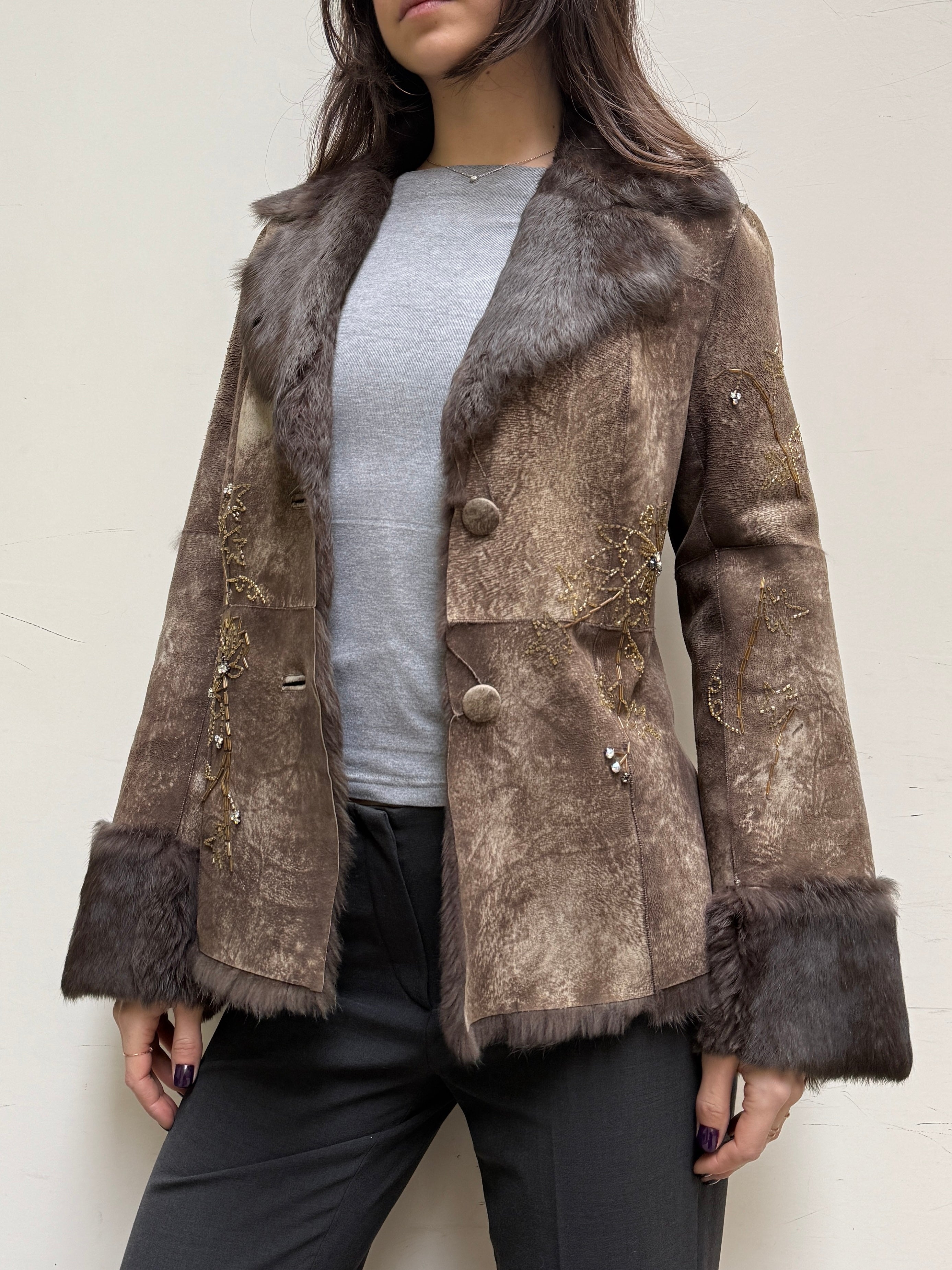 Vintage Rene Derhy 100% Genuine Brown Rabbit Fur & Sequin Jacket M