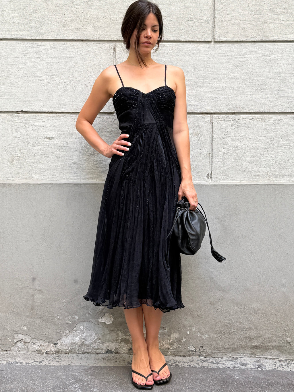 Vintage 100% Silk Black Sequin Bustier Midi Dress S