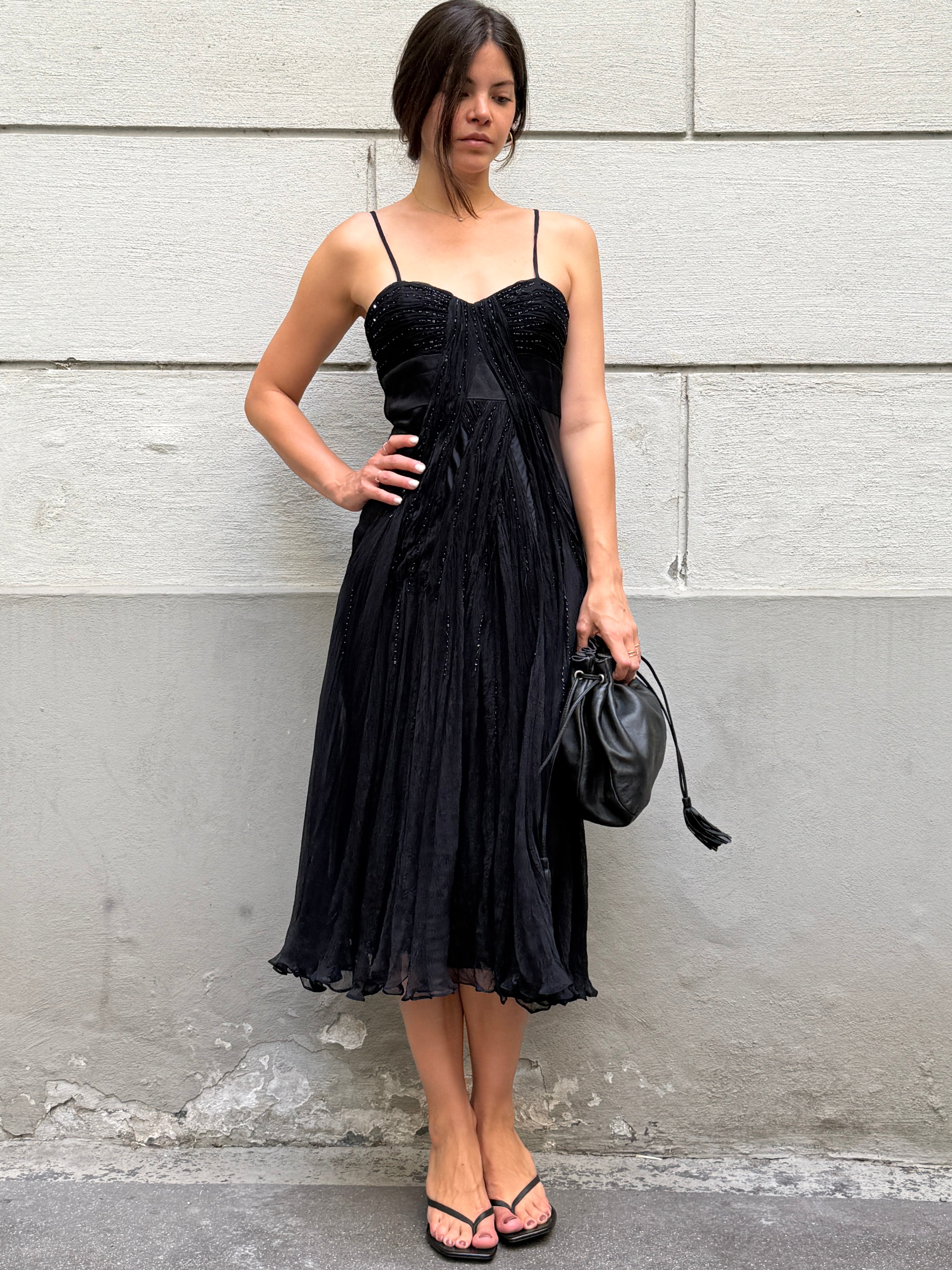 Vintage 100% Silk Black Sequin Bustier Midi Dress S