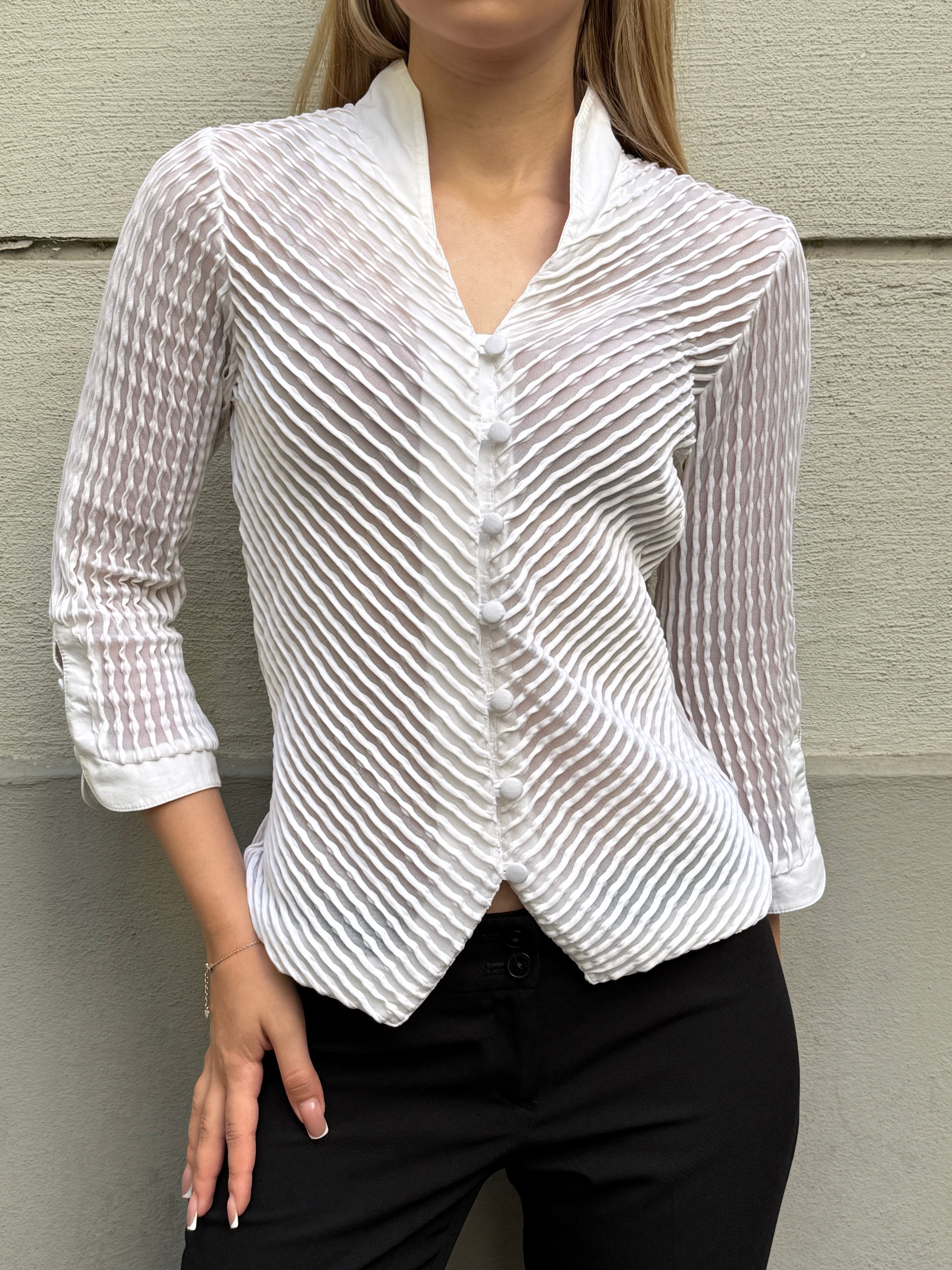 Vintage French White Textured Button Down Top S