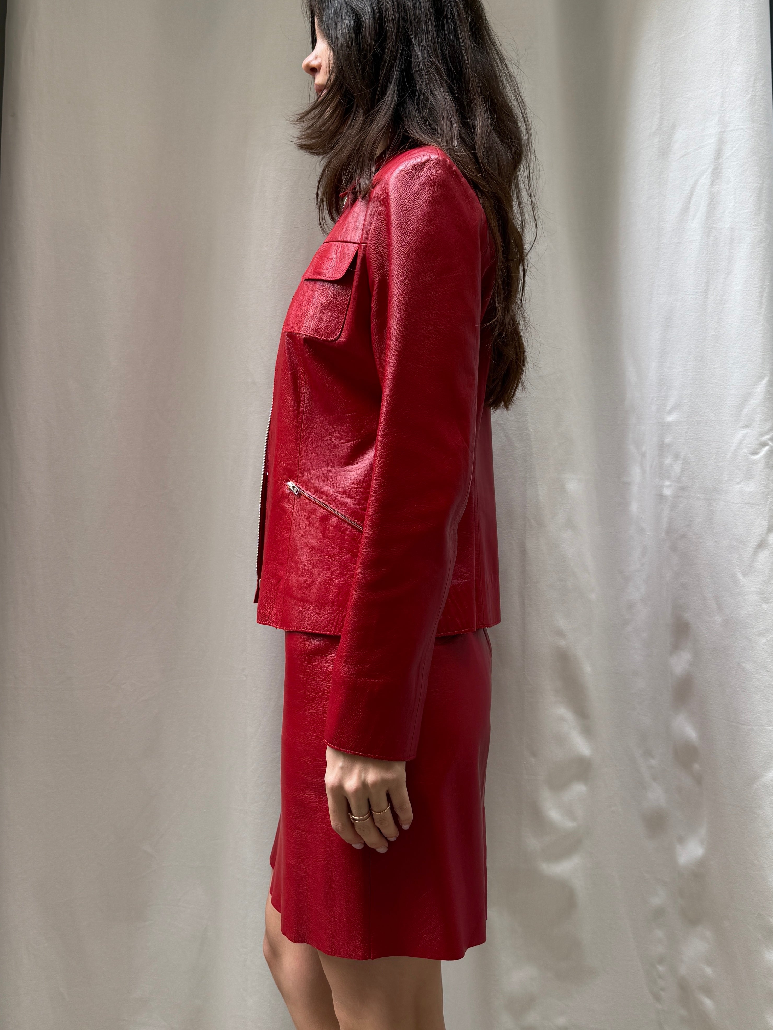 Vintage Y2K Tailor Made 100% Genuine Leather Red Jacket & Skirt 2-Piece Set M