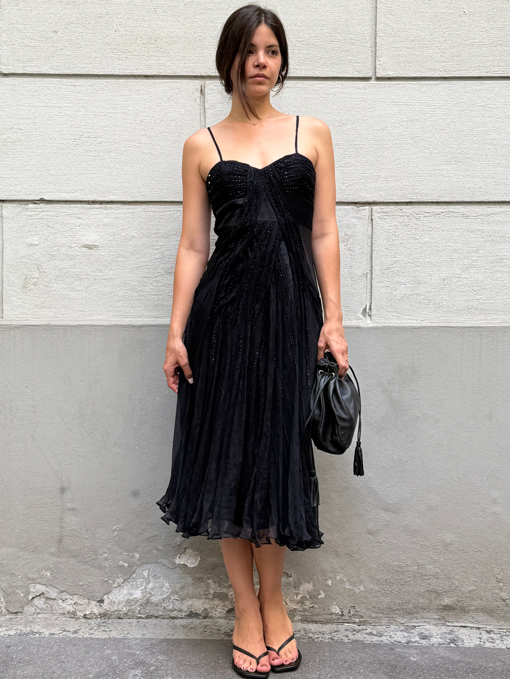 Vintage 100% Silk Black Sequin Bustier Midi Dress S