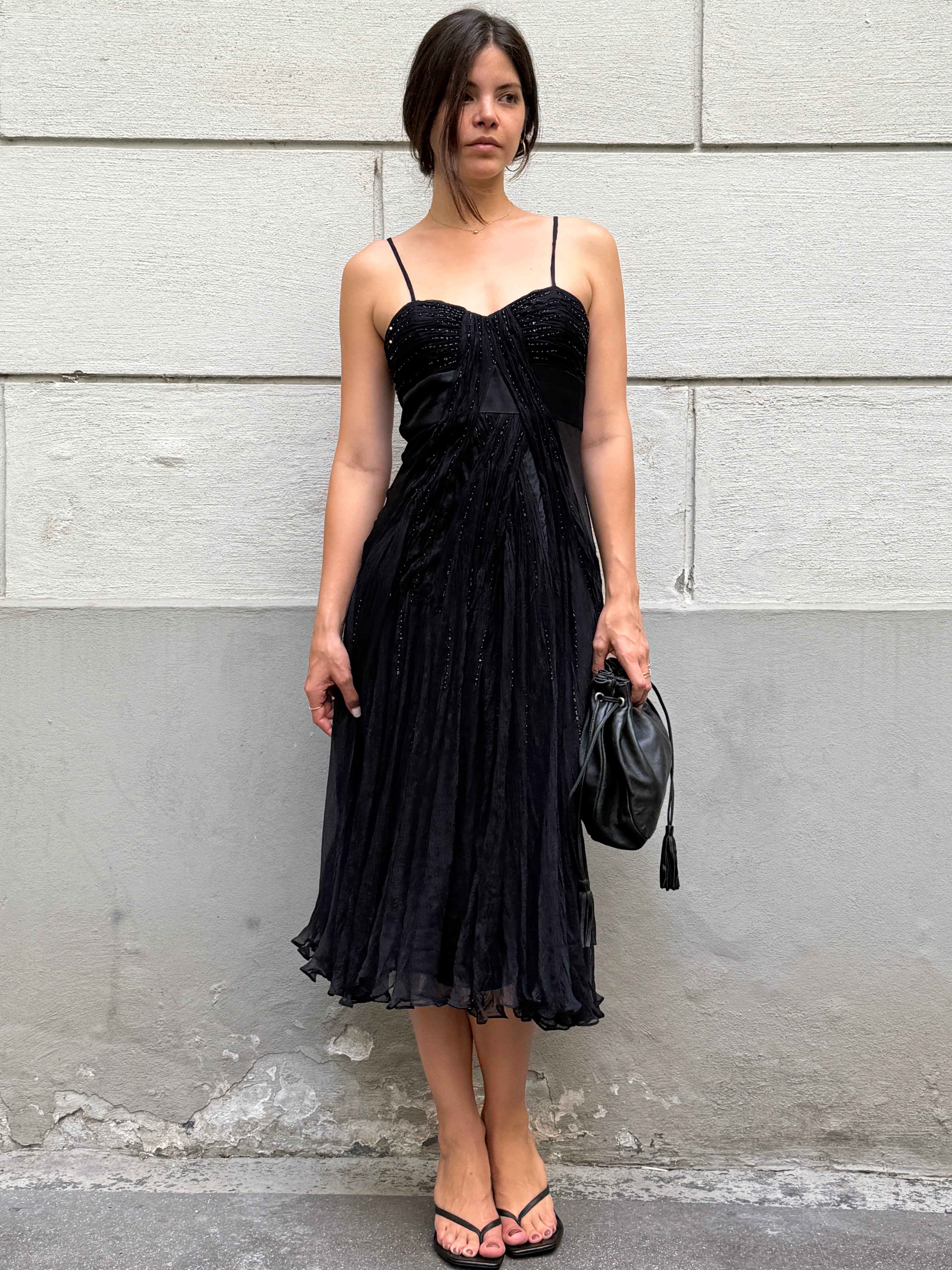 Vintage 100% Silk Black Sequin Bustier Midi Dress S