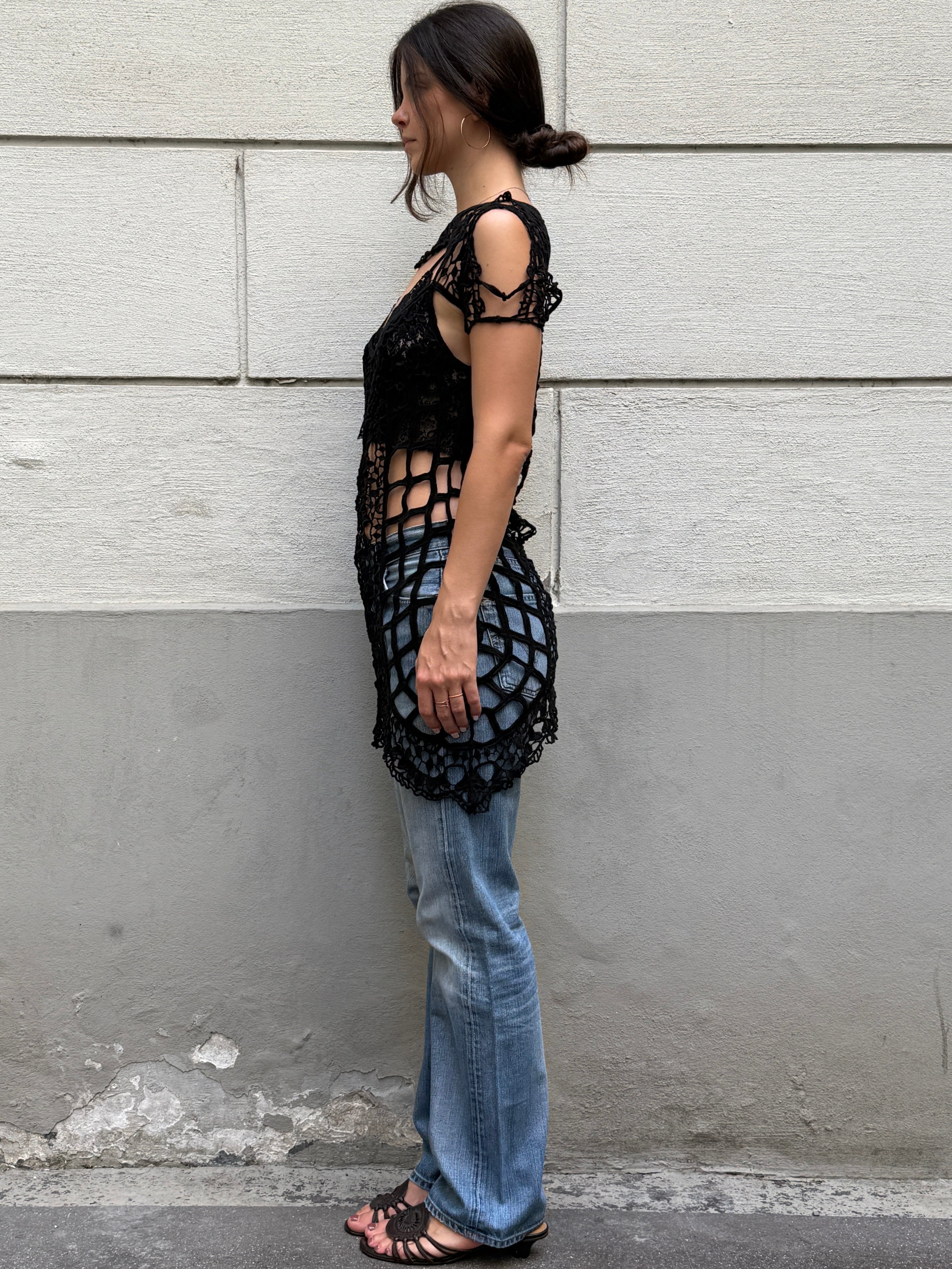 For Love & Lemons Black 100% Cotton Crochet Cover Up Dress