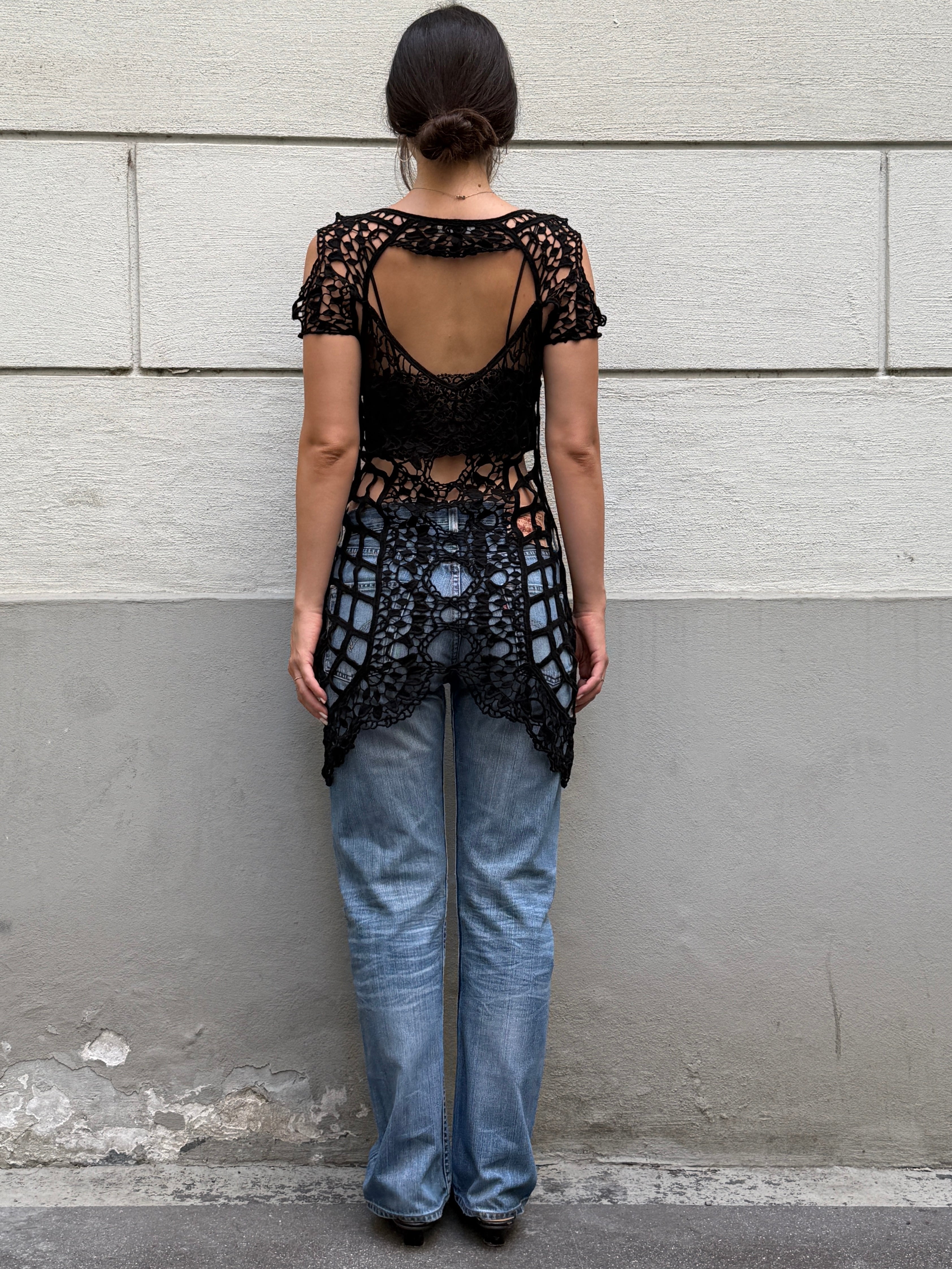 For Love & Lemons Black 100% Cotton Crochet Cover Up Dress