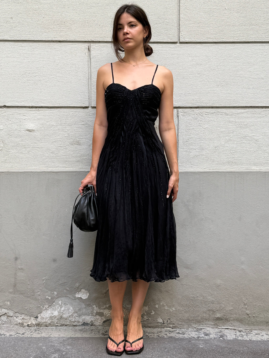 Vintage 100% Silk Black Sequin Bustier Midi Dress S