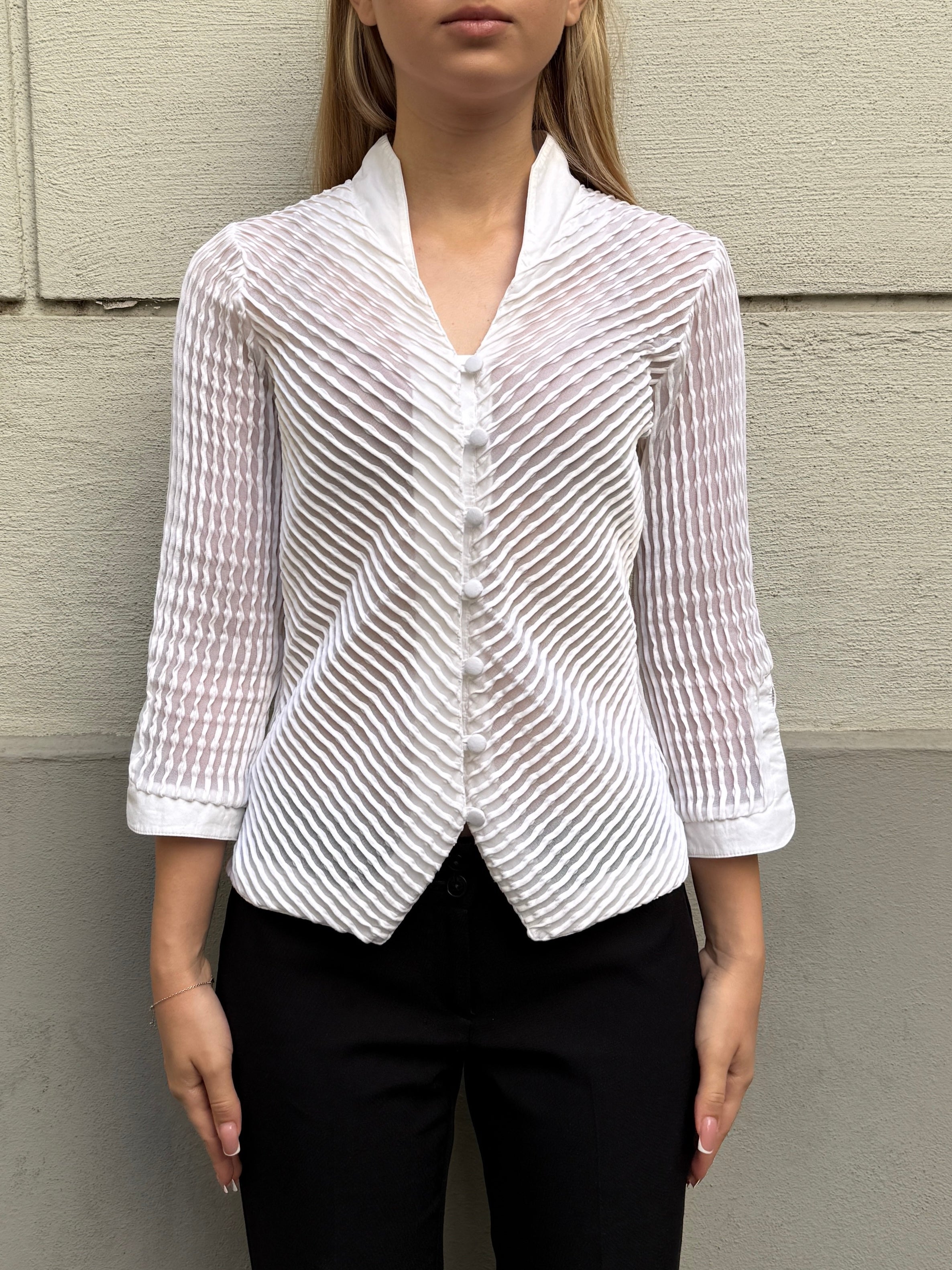 Vintage French White Textured Button Down Top S