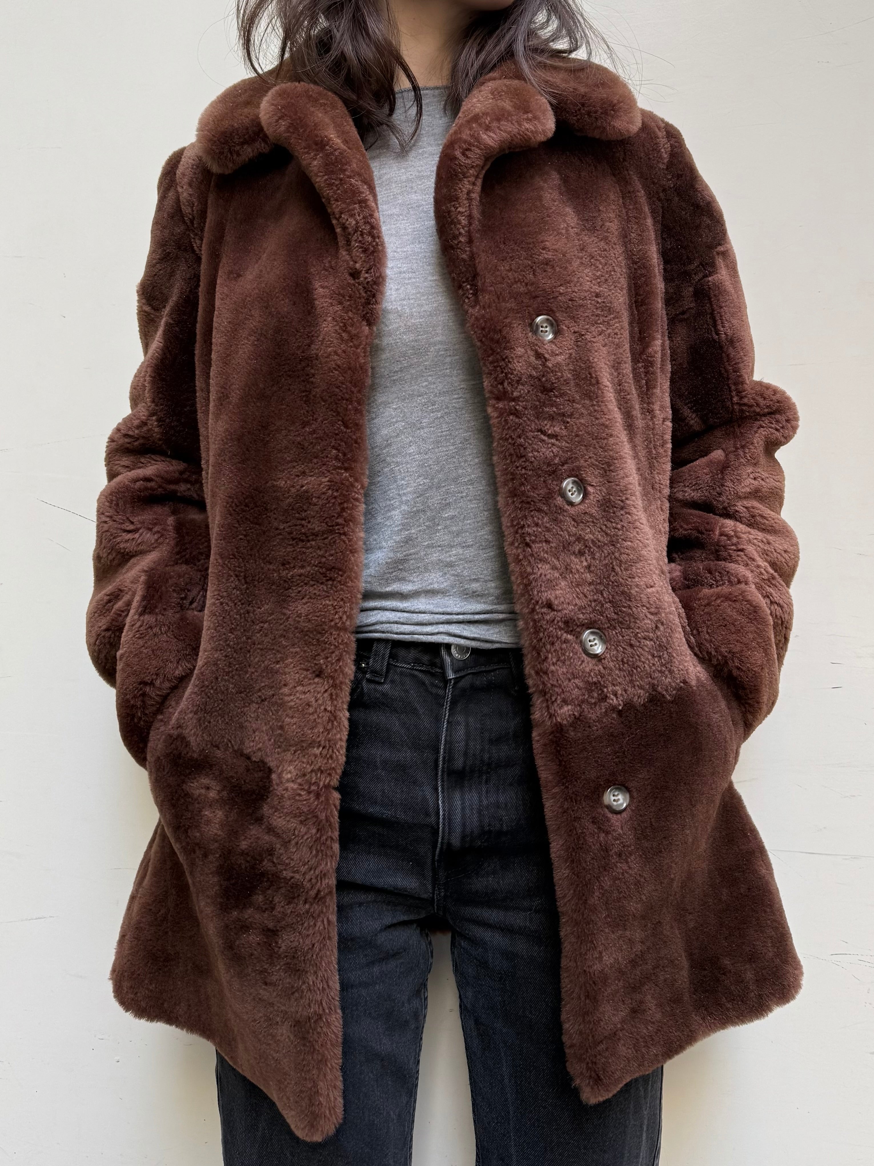 Vintage 100% Real Lamb Shearling Brown Teddy Coat S/M