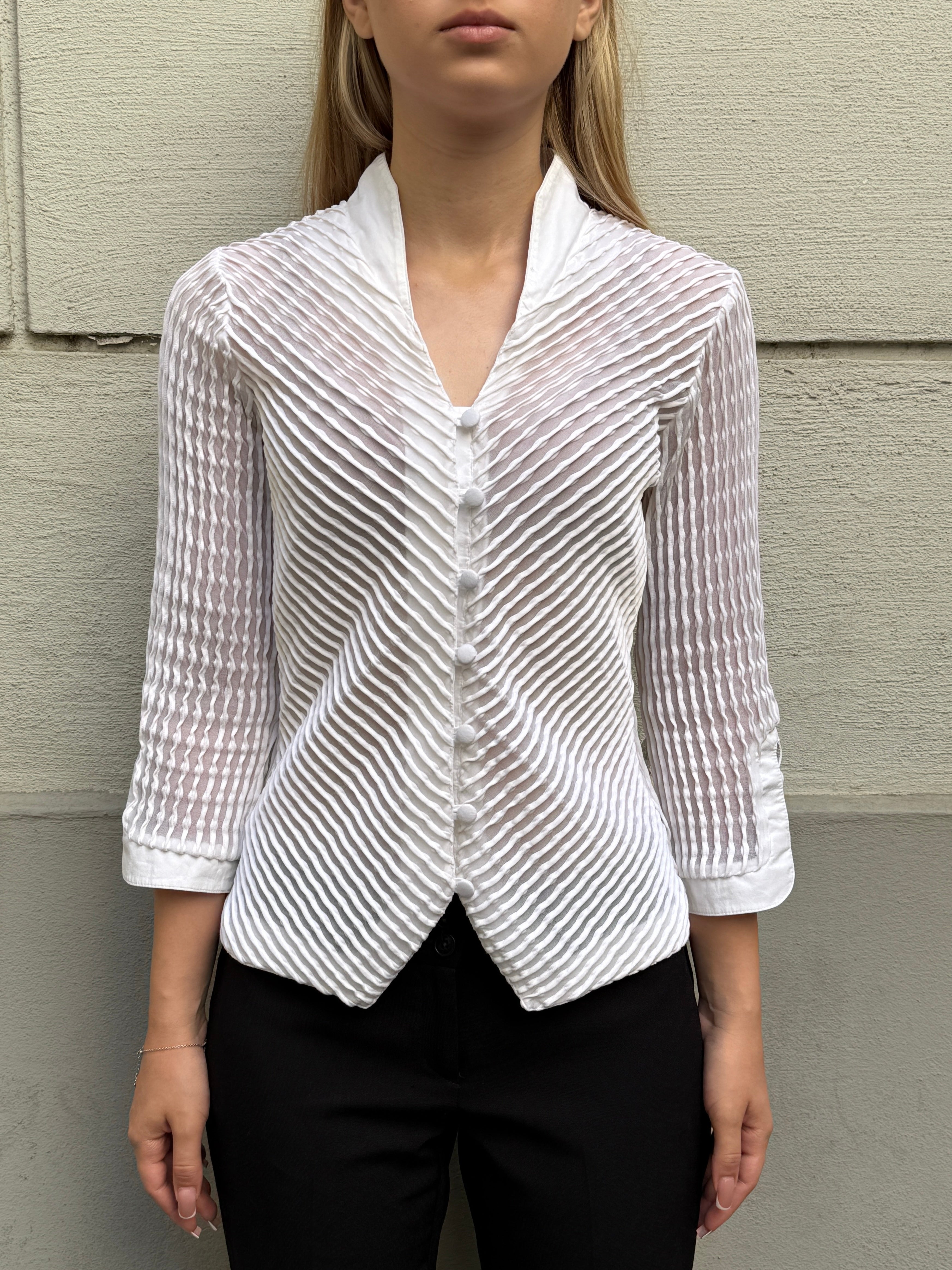 Vintage French White Textured Button Down Top S