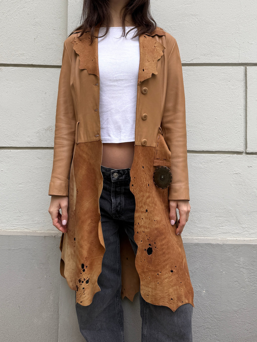 Vintage Distressed 100% Genuine Leather Belted Coat Jacket M