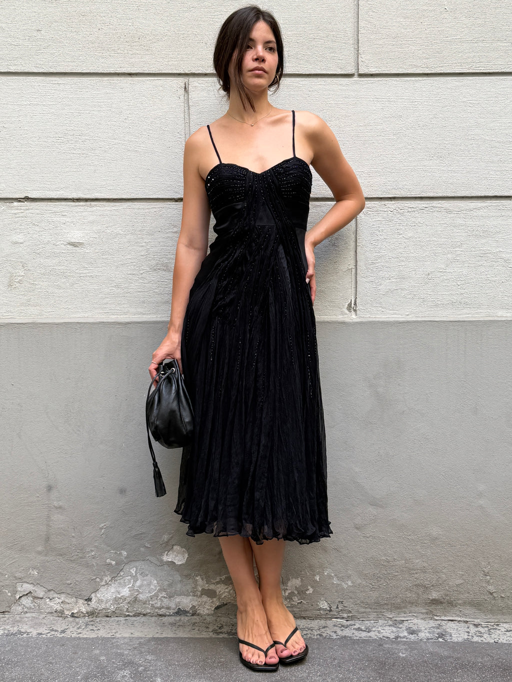 Vintage 100% Silk Black Sequin Bustier Midi Dress S