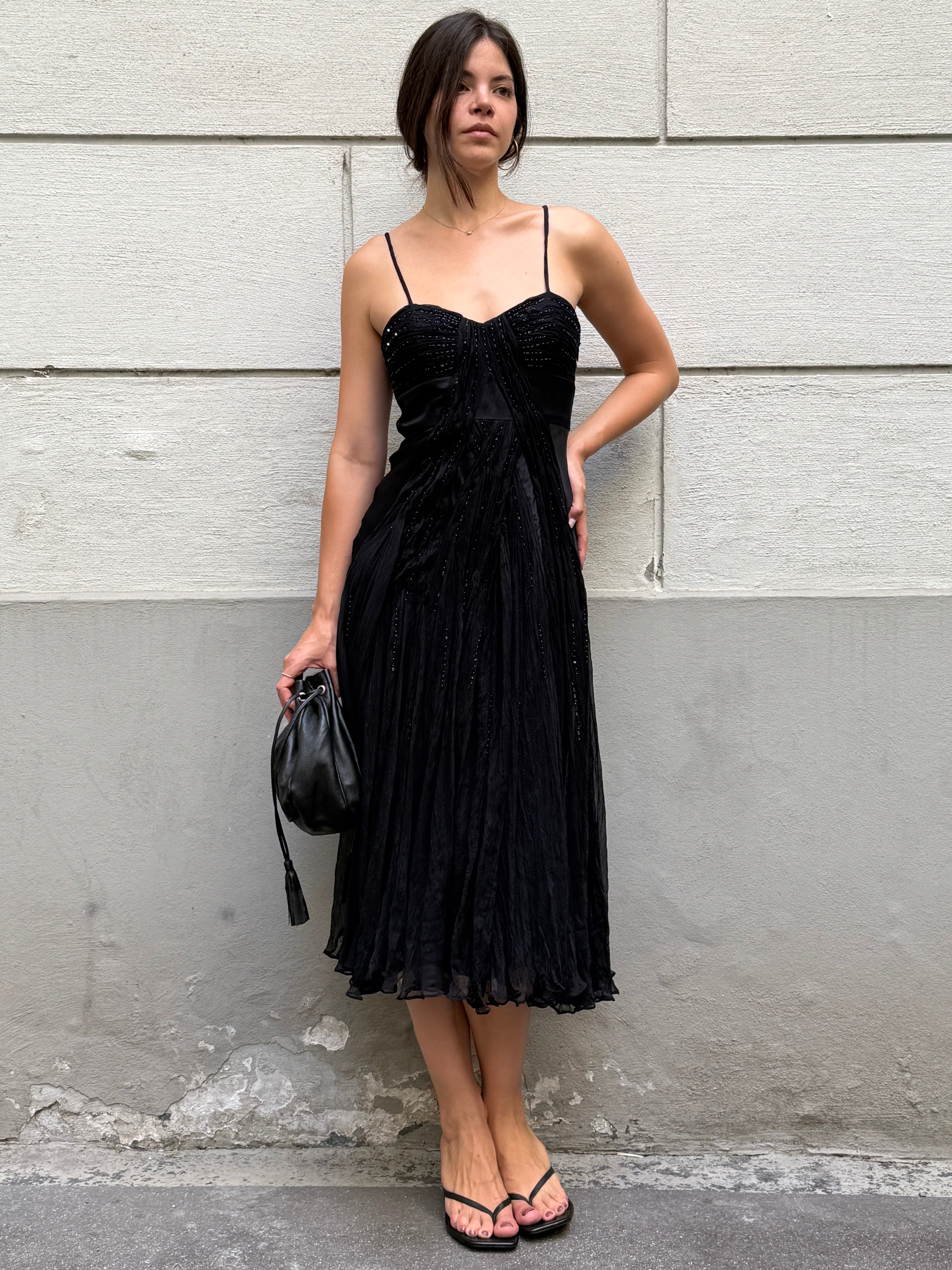 Vintage 100% Silk Black Sequin Bustier Midi Dress S