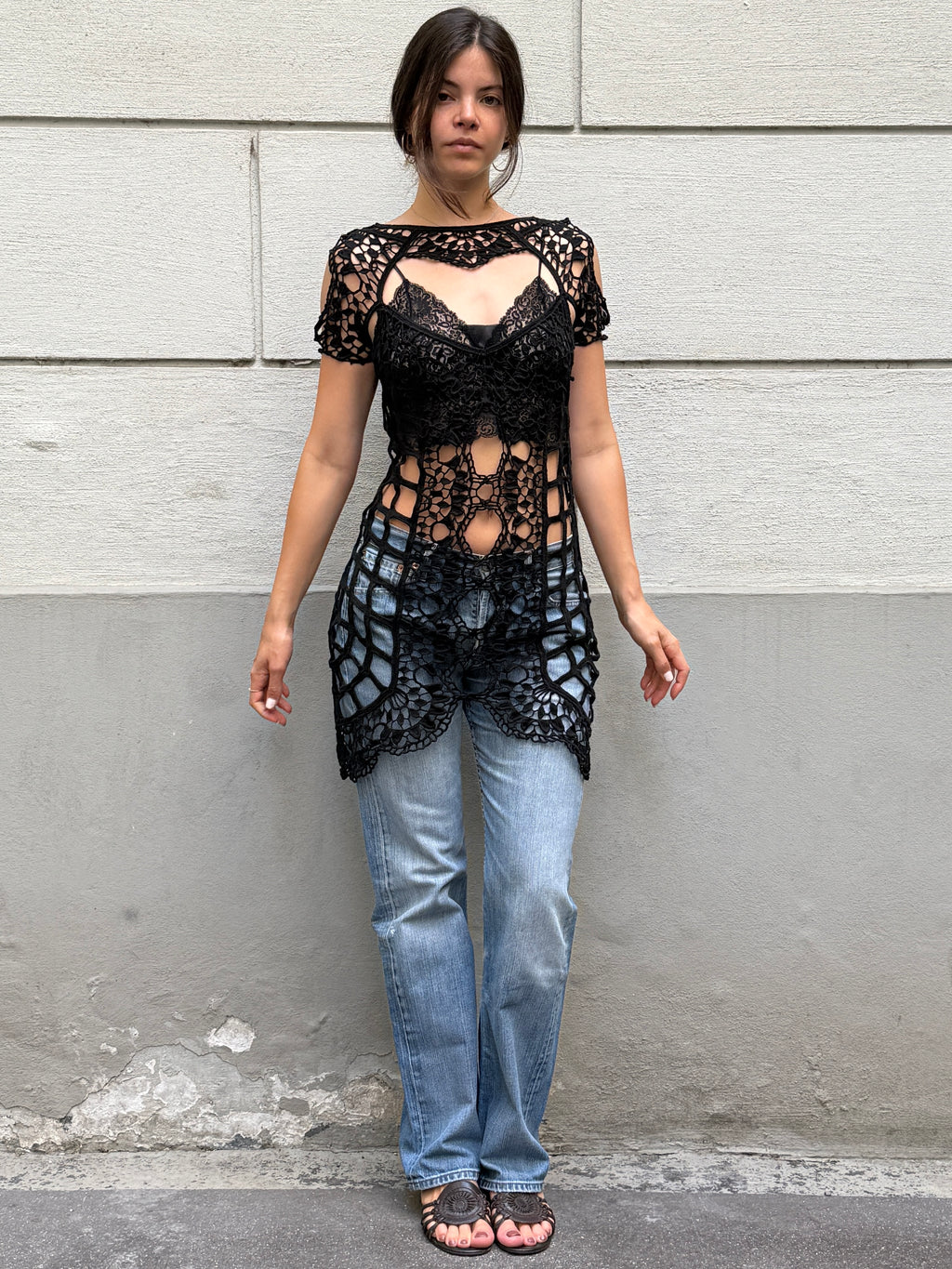 For Love & Lemons Black 100% Cotton Crochet Cover Up Dress