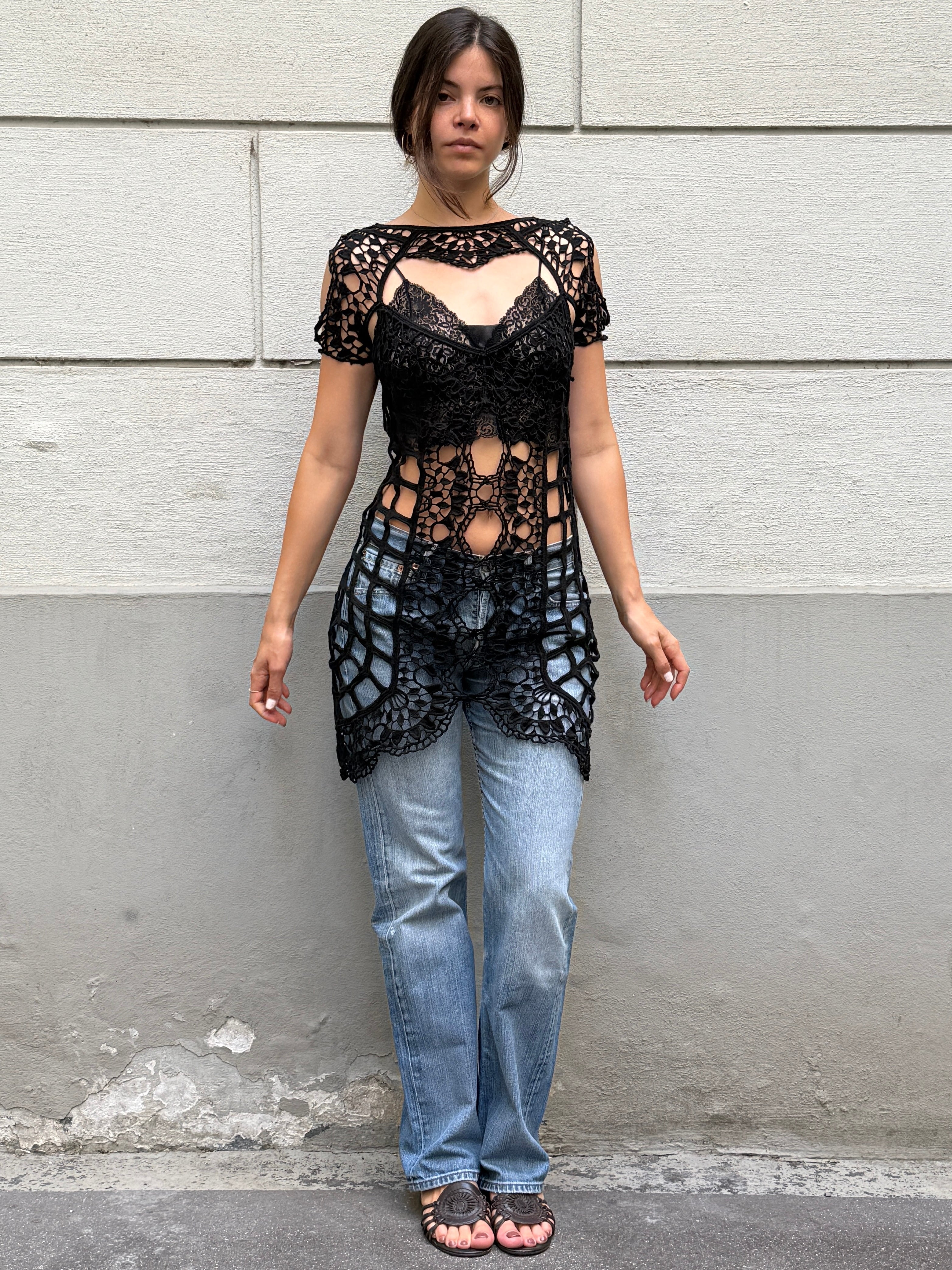 For Love & Lemons Black 100% Cotton Crochet Cover Up Dress